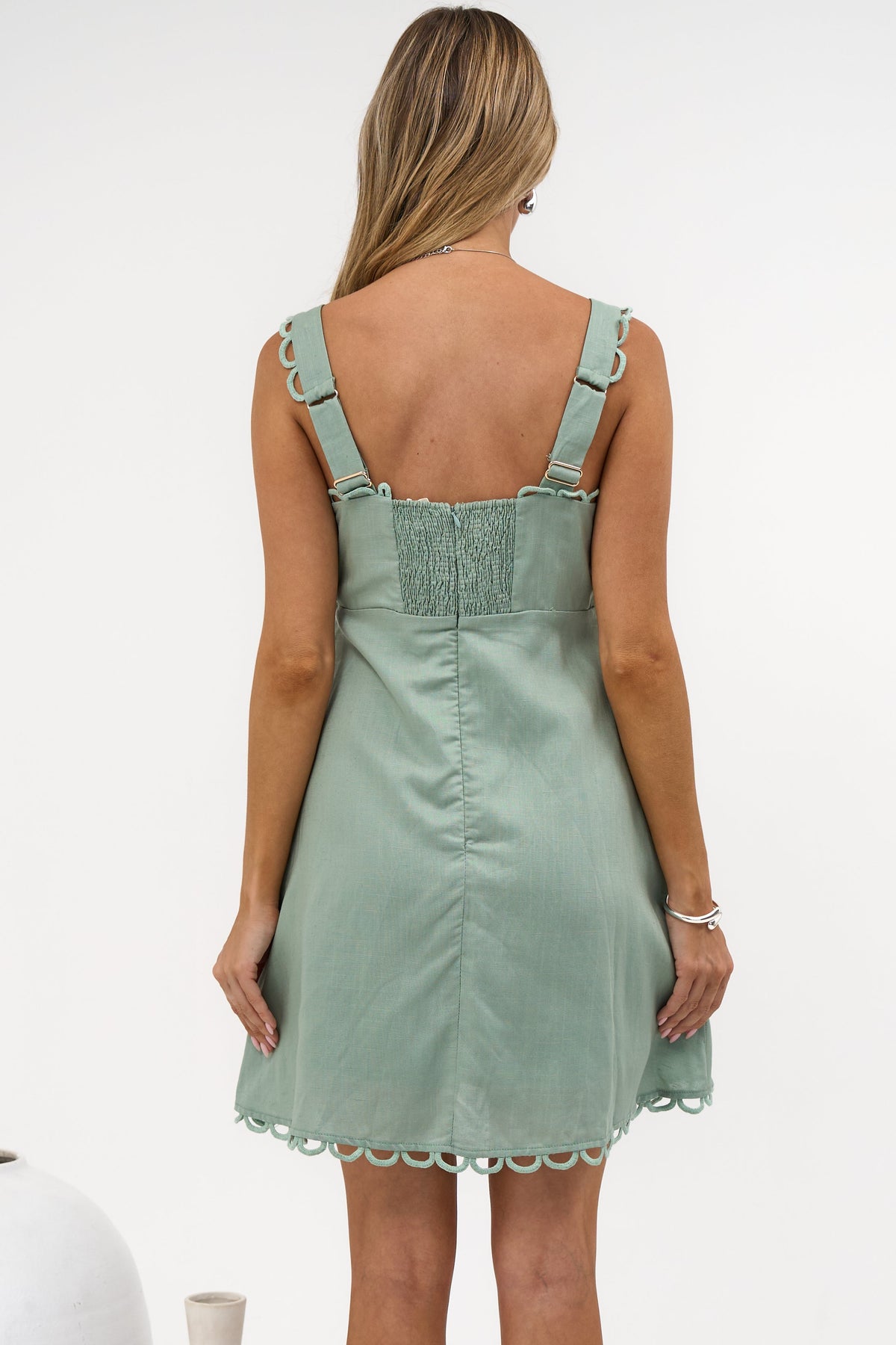 Darla Mini Dress - Scallop Trim Thick Strap Cotton Sun Dress in Khaki