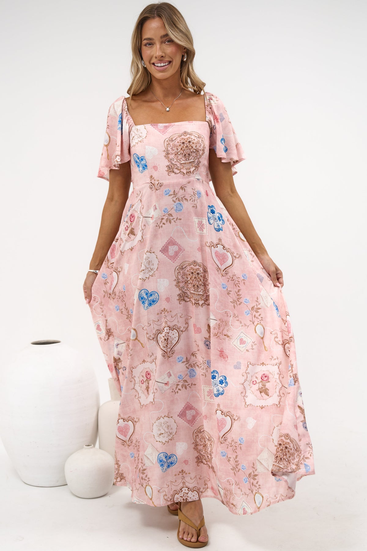 Ashby Maxi Dress - On or Off Shoulder A-Line Dress with Pockets in Everrose Print