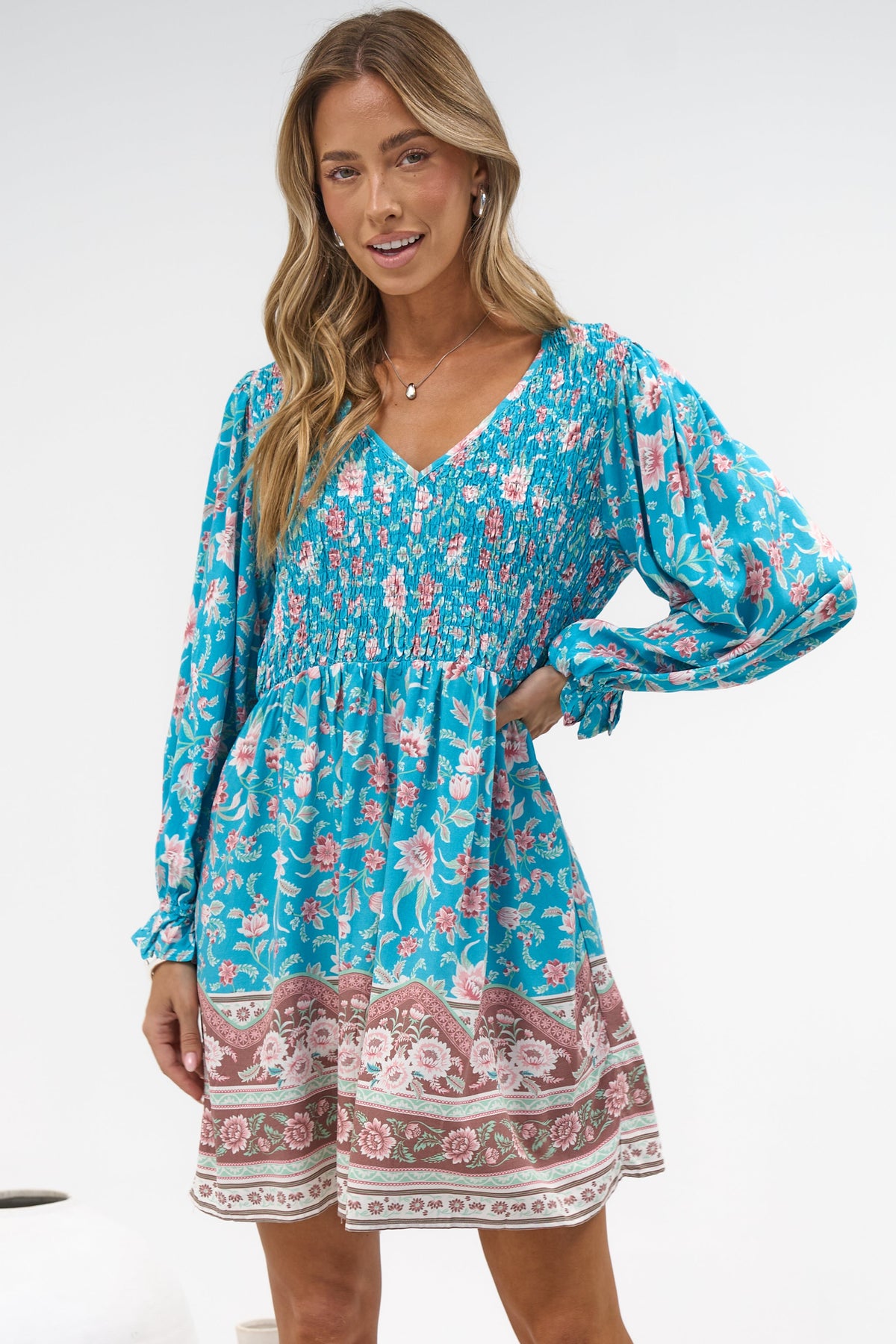 Brissa Mini Dress - V-Neck Shirred Bodice Balloon Sleeve Dress in Marina Blu Print