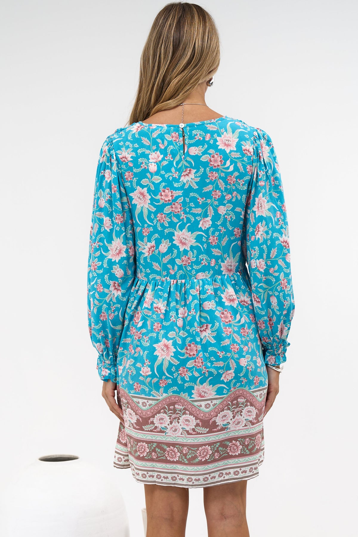 Brissa Mini Dress - V-Neck Shirred Bodice Balloon Sleeve Dress in Marina Blu Print