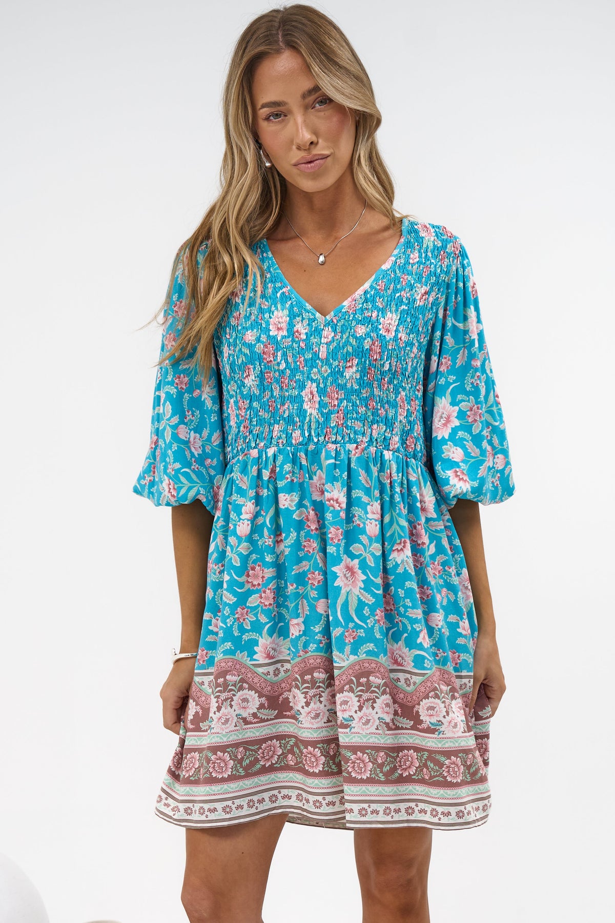 Brissa Mini Dress - V-Neck Shirred Bodice Balloon Sleeve Dress in Marina Blu Print