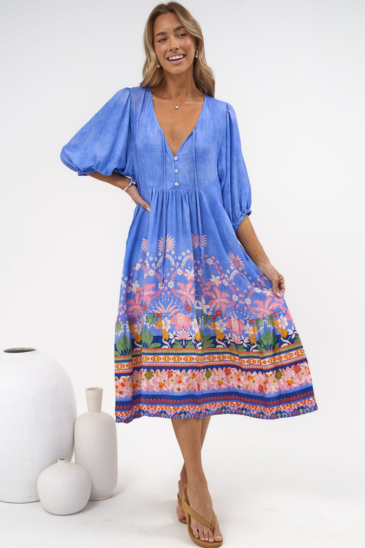 Muse Midi Dress - V Neck 3/4 Sleeve A Line Midi Dress in Clara Print