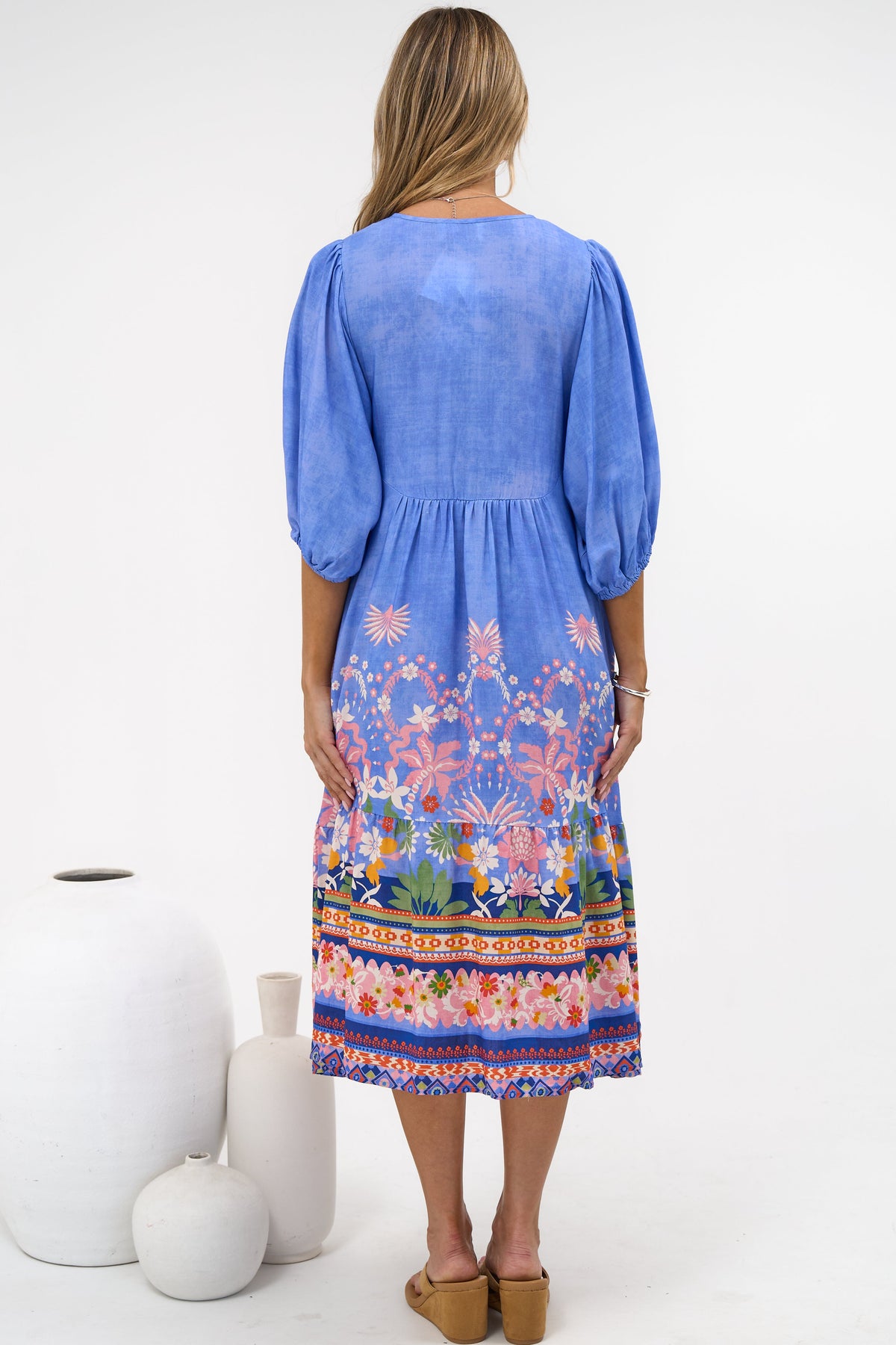 Muse Midi Dress - V Neck 3/4 Sleeve A Line Midi Dress in Clara Print