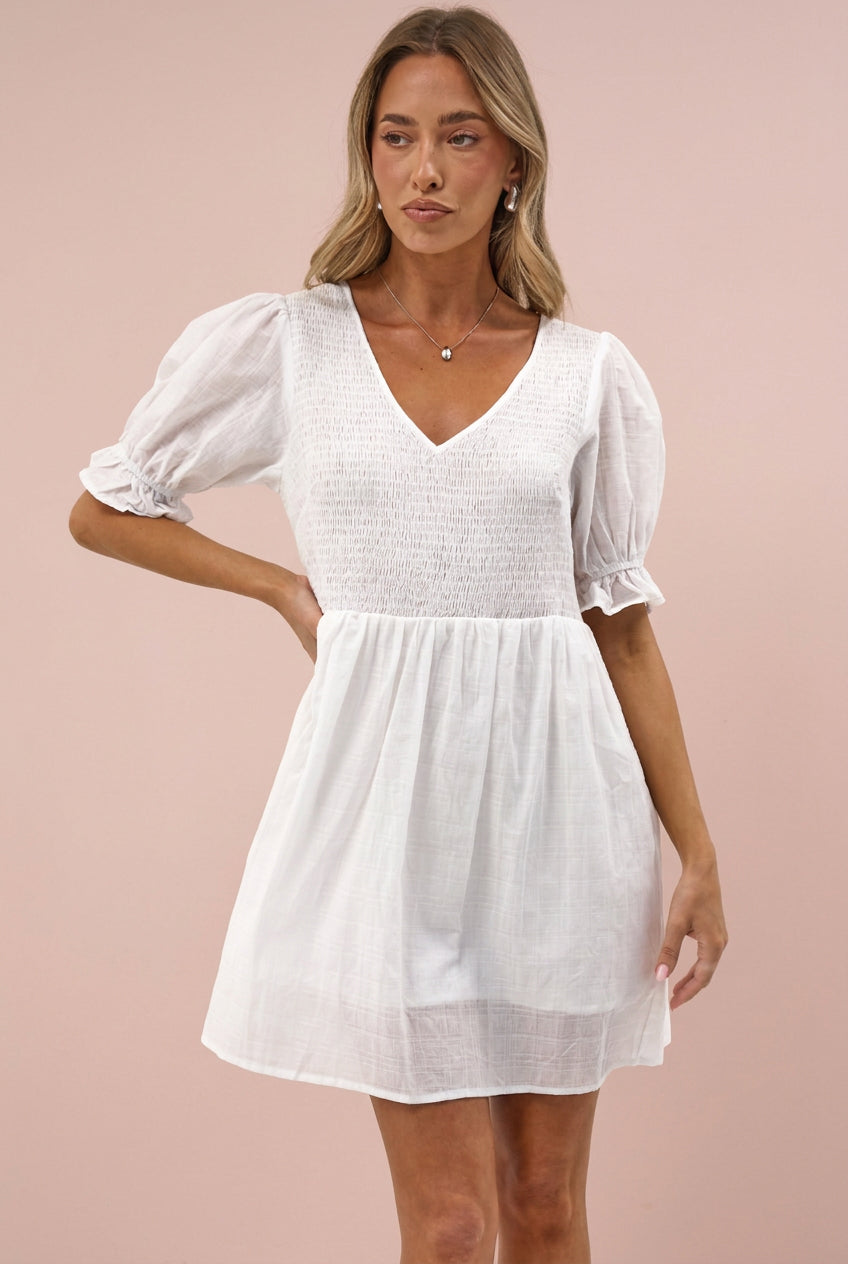Brissa Mini Dress - V-Neck Shirred Bodice Balloon Sleeve Dress in White