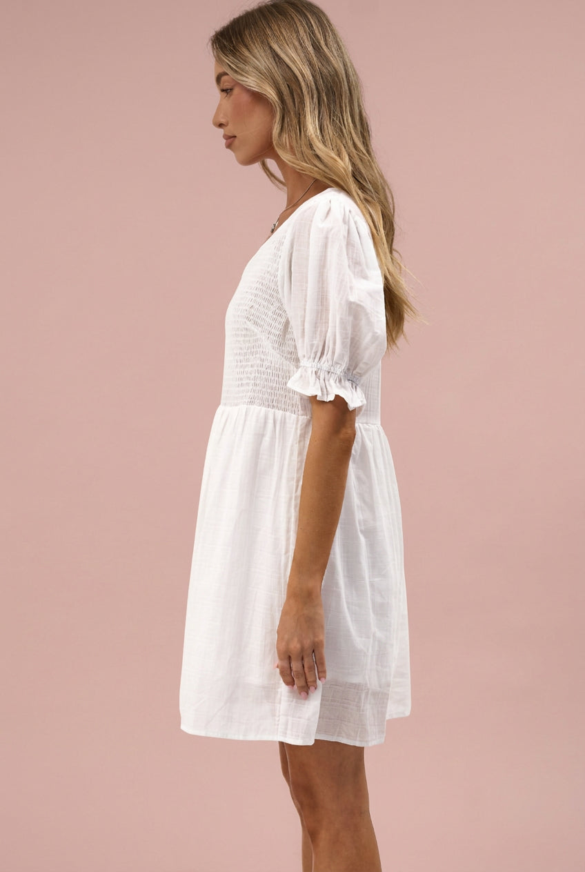 Brissa Mini Dress - V-Neck Shirred Bodice Balloon Sleeve Dress in White
