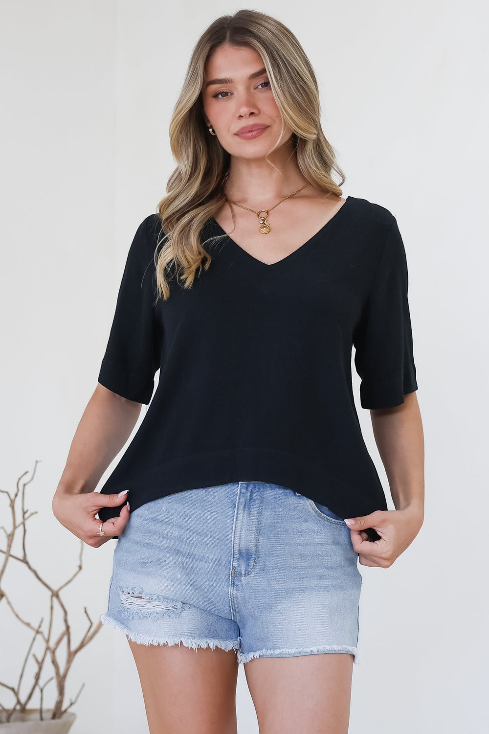 Shandy Top - V-Neck Boxy High Low Top with Short Sleeves in Black