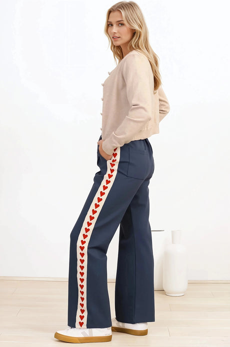 Shanty Pants - High Waisted Straight Leg Pants with Heart Side Strip in Blue