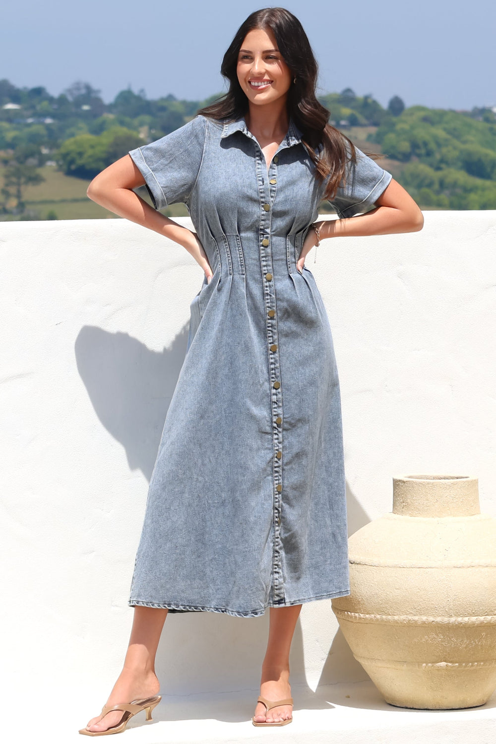 Sharlan Midi Dress - A-Line Button Detailed Denim Dress in Mid Denim Wash