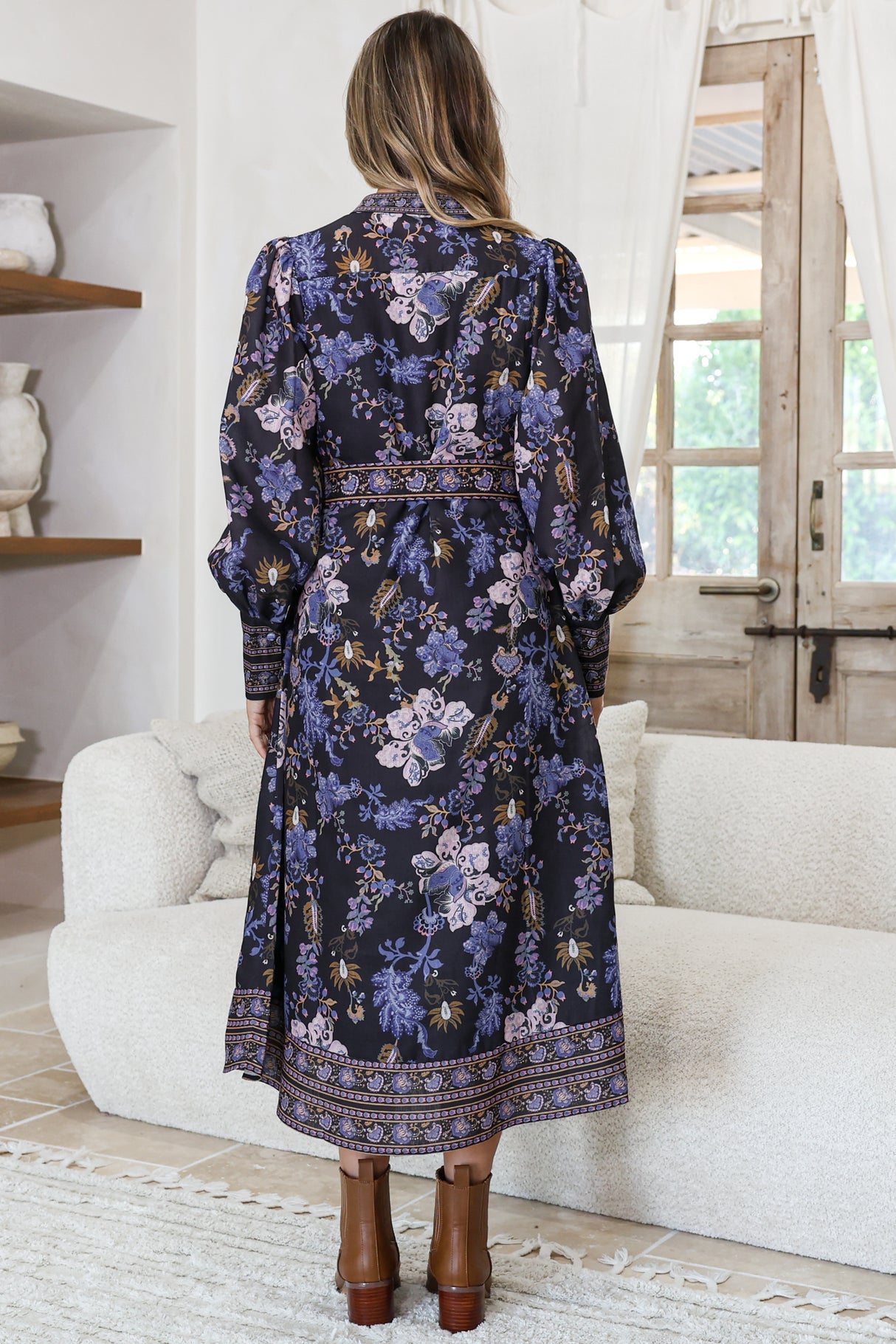 Shaylee Midi dress - Mandarin Collar Deep V-Neck A Line Button Down with Matching Belt in Luella Print