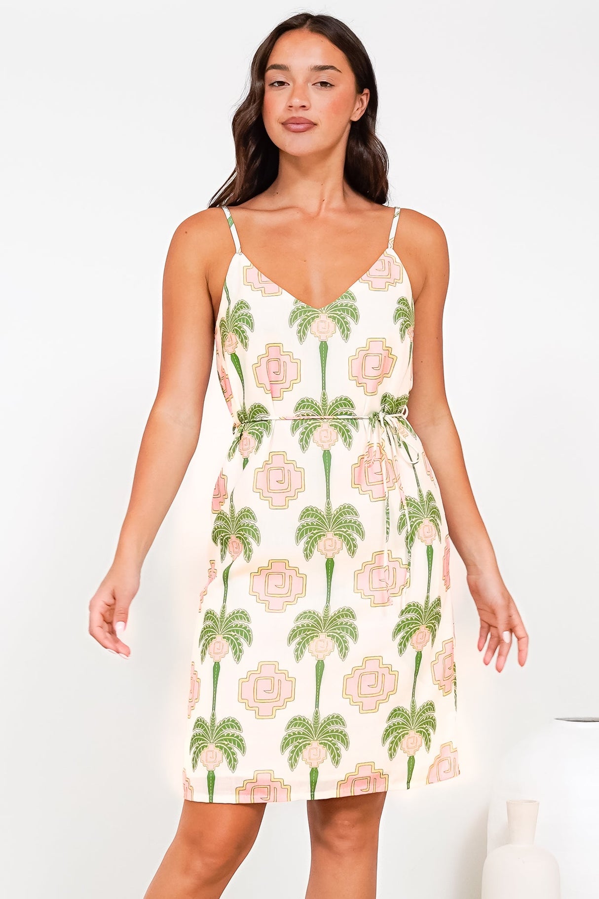 Shaynee Mini Dress - Spaghetti Strap Shift Sun Dress with Waist Tie in Palmetta Print