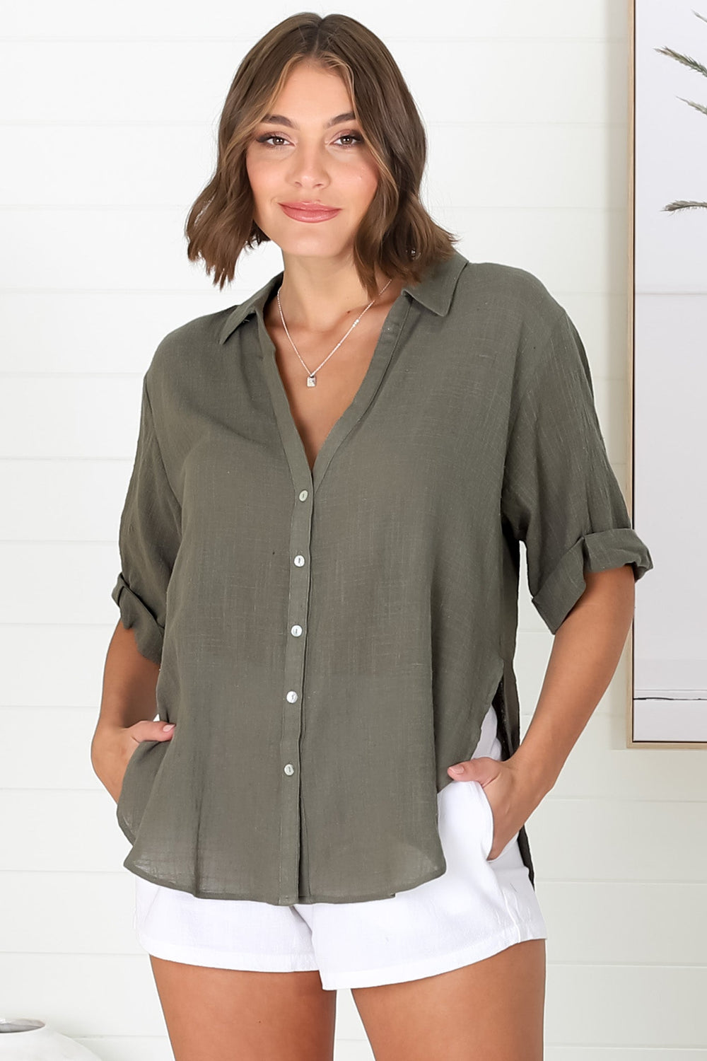 Shelly Shirt - Linen Collared Button Down Shirt in Military Green