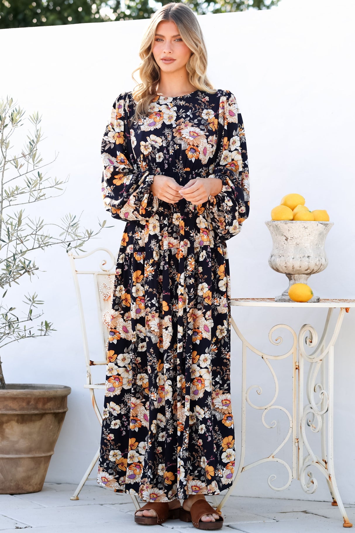 Sheyne Maxi Dress - Long Balloon Sleeve Elasicated Waist A Line Dress in Autumn Print
