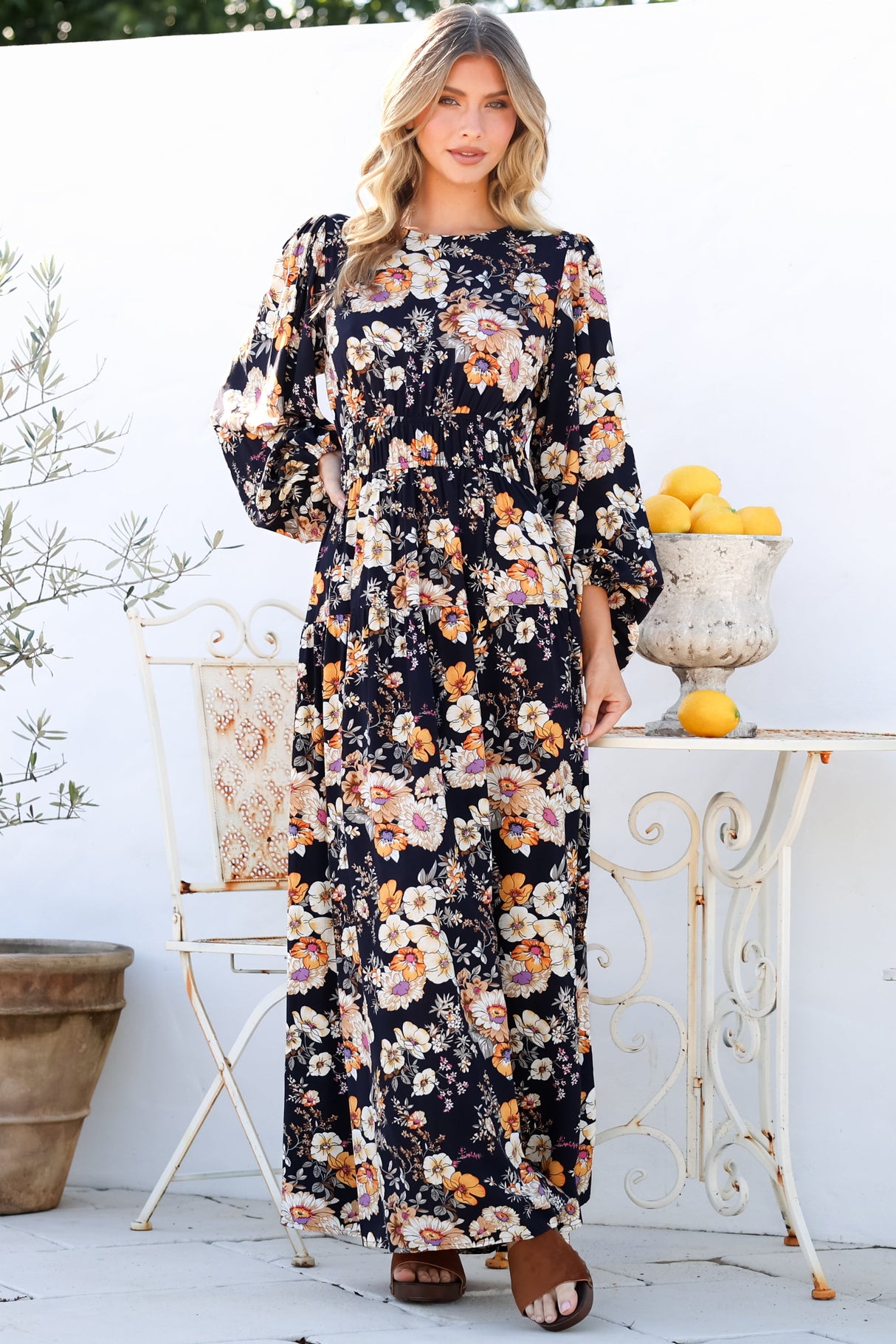 Sheyne Maxi Dress - Long Balloon Sleeve Elasicated Waist A Line Dress in Autumn Print