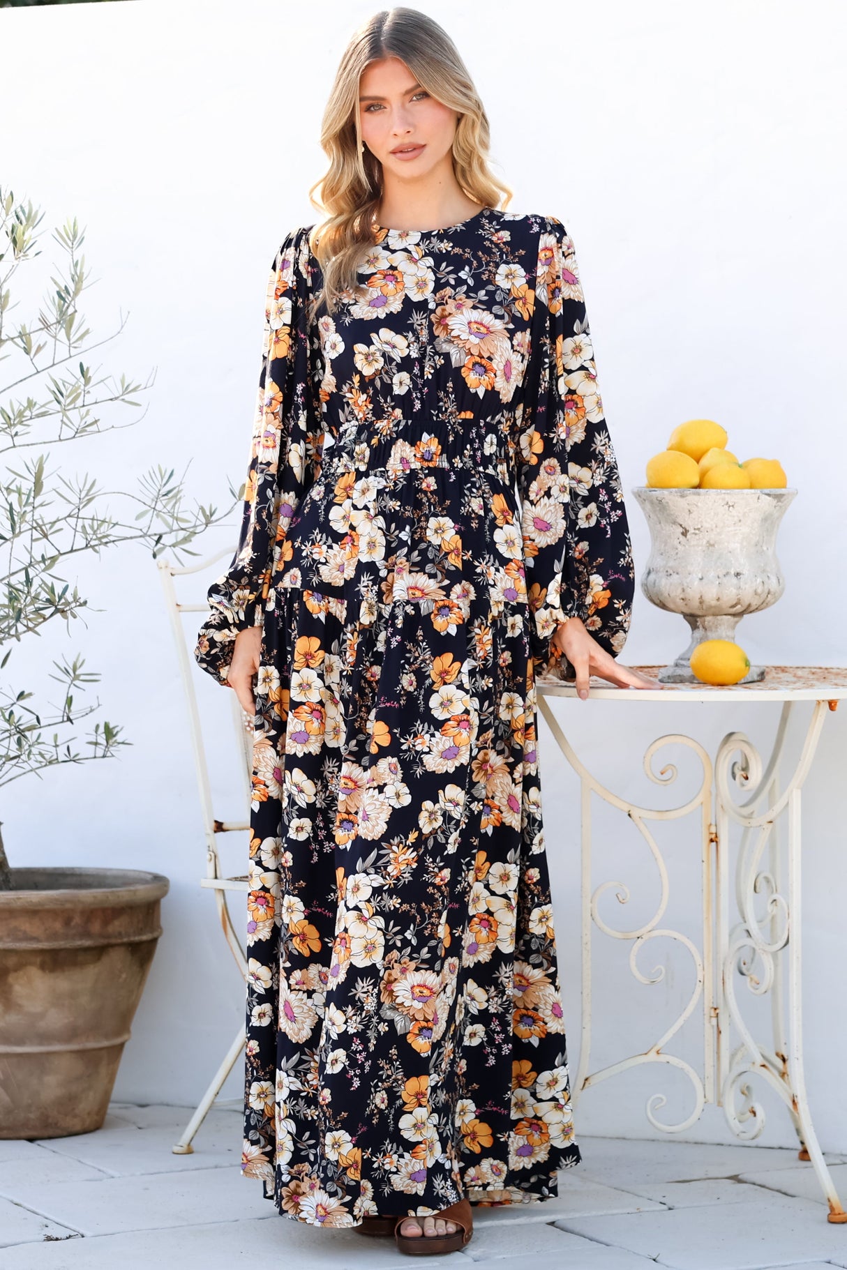 Sheyne Maxi Dress - Long Balloon Sleeve Elasicated Waist A Line Dress in Autumn Print