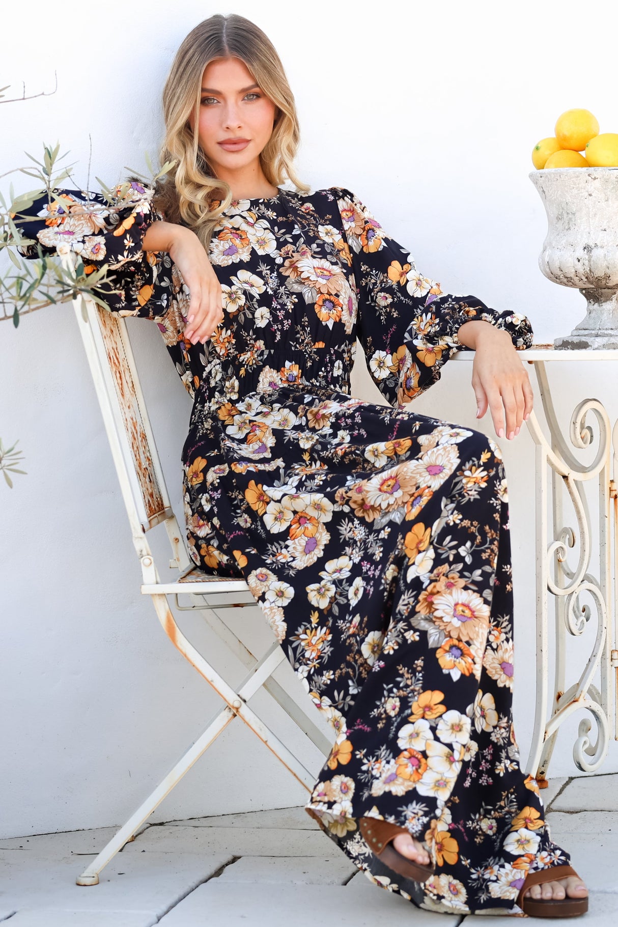 Sheyne Maxi Dress - Long Balloon Sleeve Elasicated Waist A Line Dress in Autumn Print