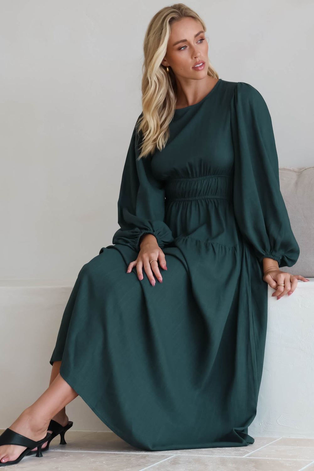 Sheyne Maxi Dress - Long Balloon Sleeve Elasicated Waist A Line Dress in Green