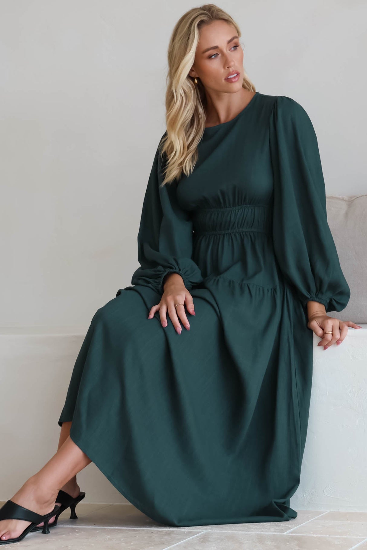 Sheyne Maxi Dress - Long Balloon Sleeve Elasicated Waist A Line Dress in Green