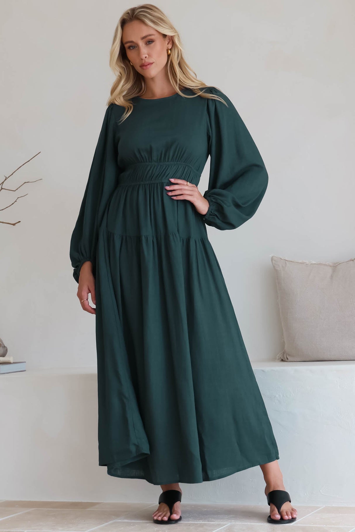 Sheyne Maxi Dress - Long Balloon Sleeve Elasicated Waist A Line Dress in Green