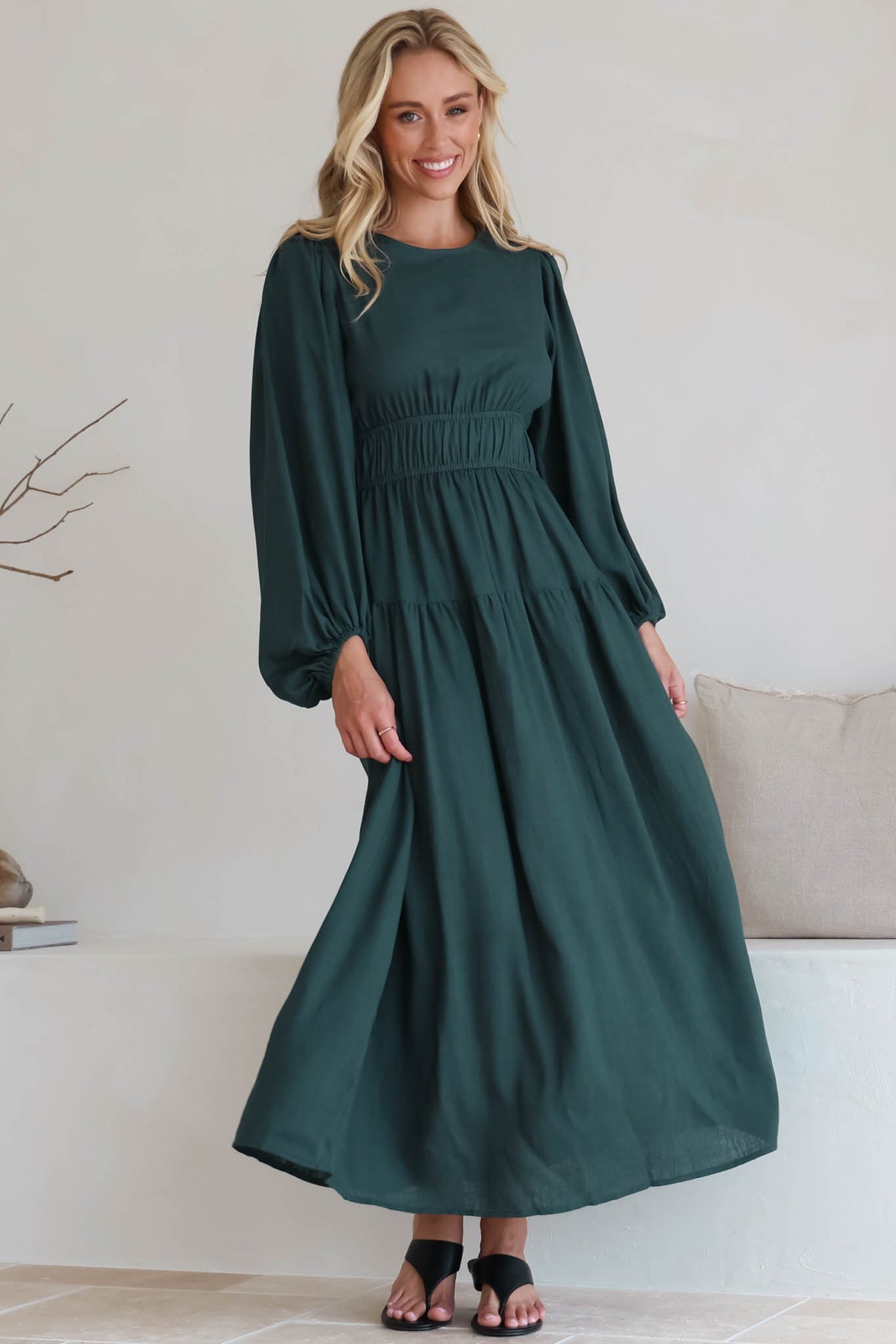 Sheyne Maxi Dress - Long Balloon Sleeve Elasicated Waist A Line Dress in Green