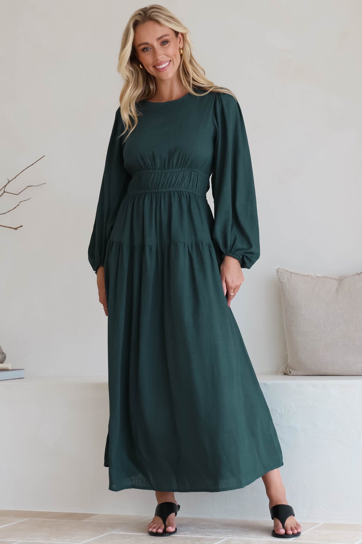 Sheyne Maxi Dress - Long Balloon Sleeve Elasicated Waist A Line Dress in Green