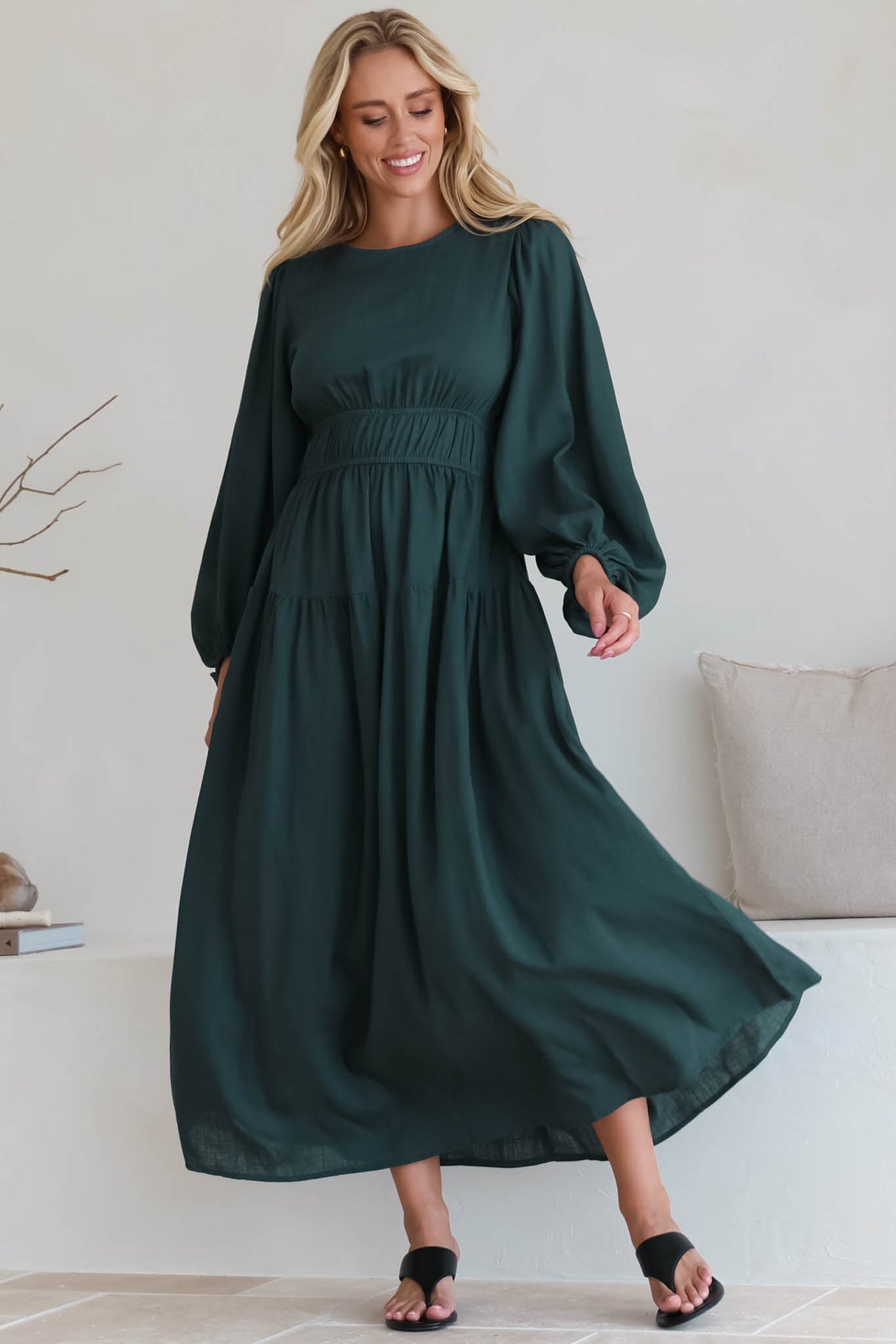 Sheyne Maxi Dress - Long Balloon Sleeve Elasicated Waist A Line Dress in Green