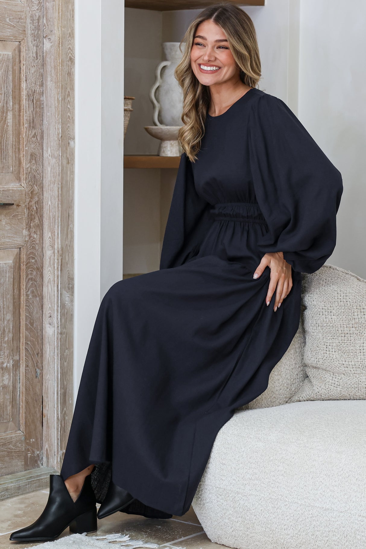 Sheyne Maxi Dress - Long Balloon Sleeve Elasicated Waist A Line Dress in Navy