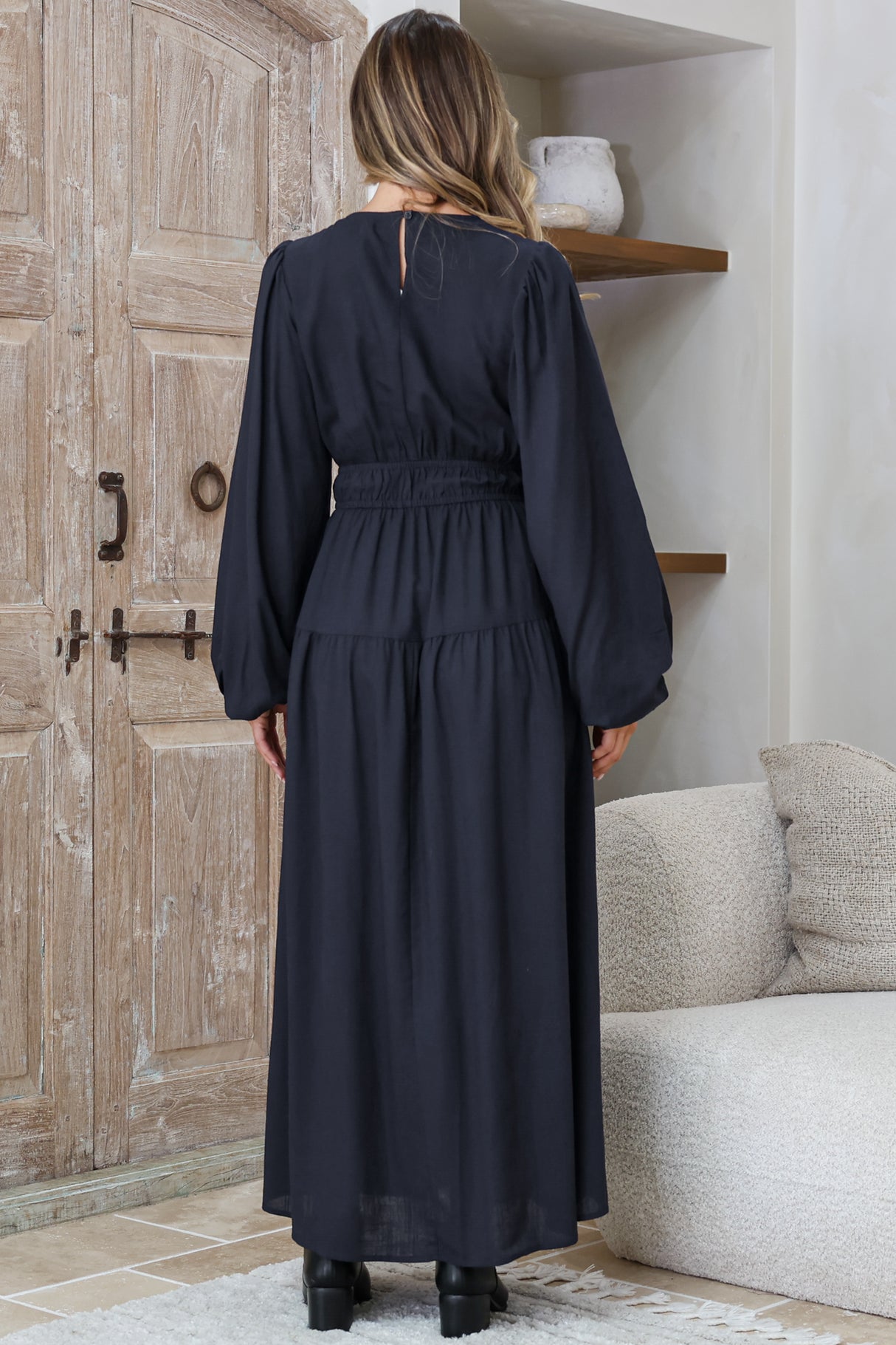 Sheyne Maxi Dress - Long Balloon Sleeve Elasicated Waist A Line Dress in Navy