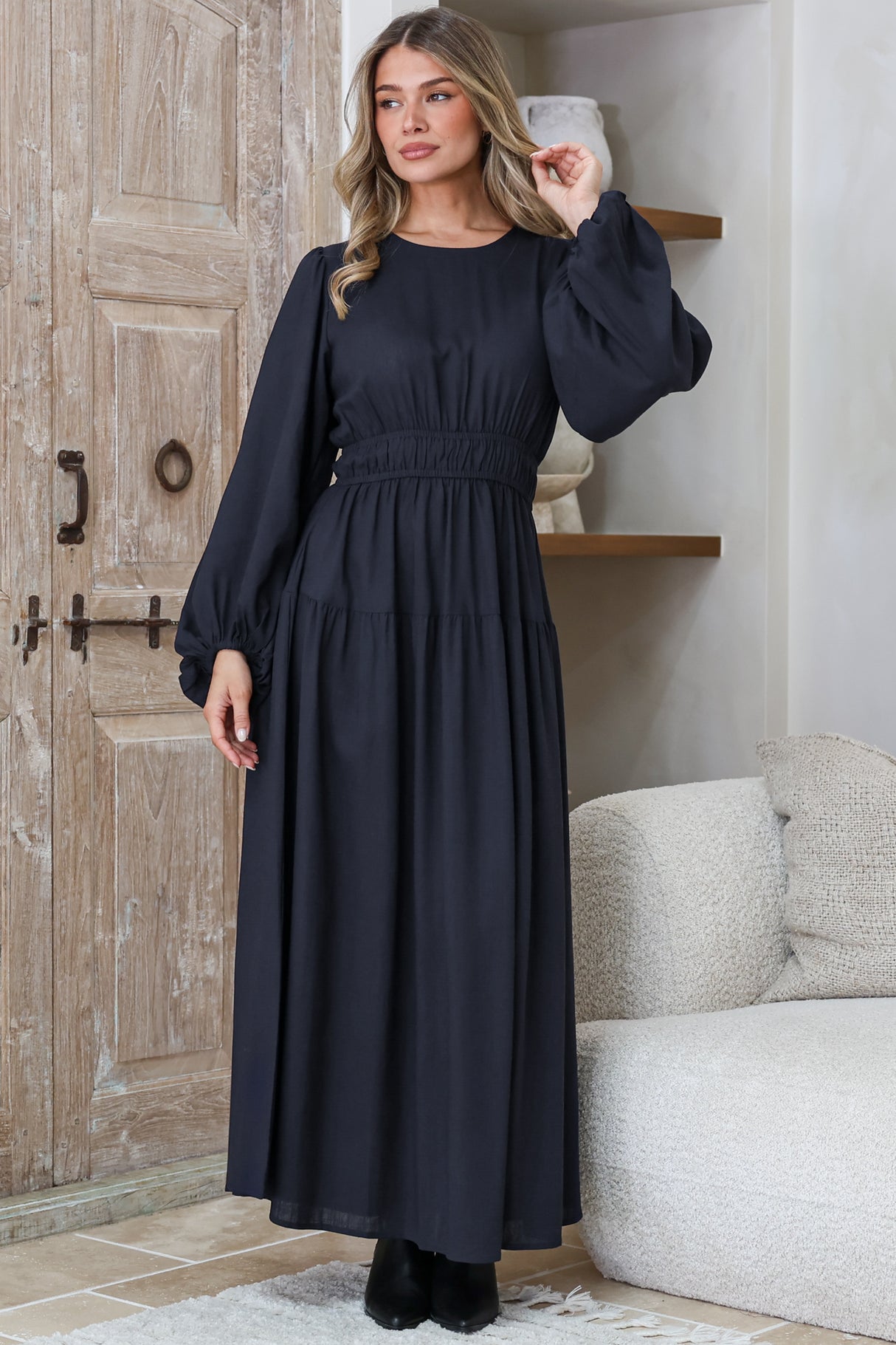 Sheyne Maxi Dress - Long Balloon Sleeve Elasicated Waist A Line Dress in Navy