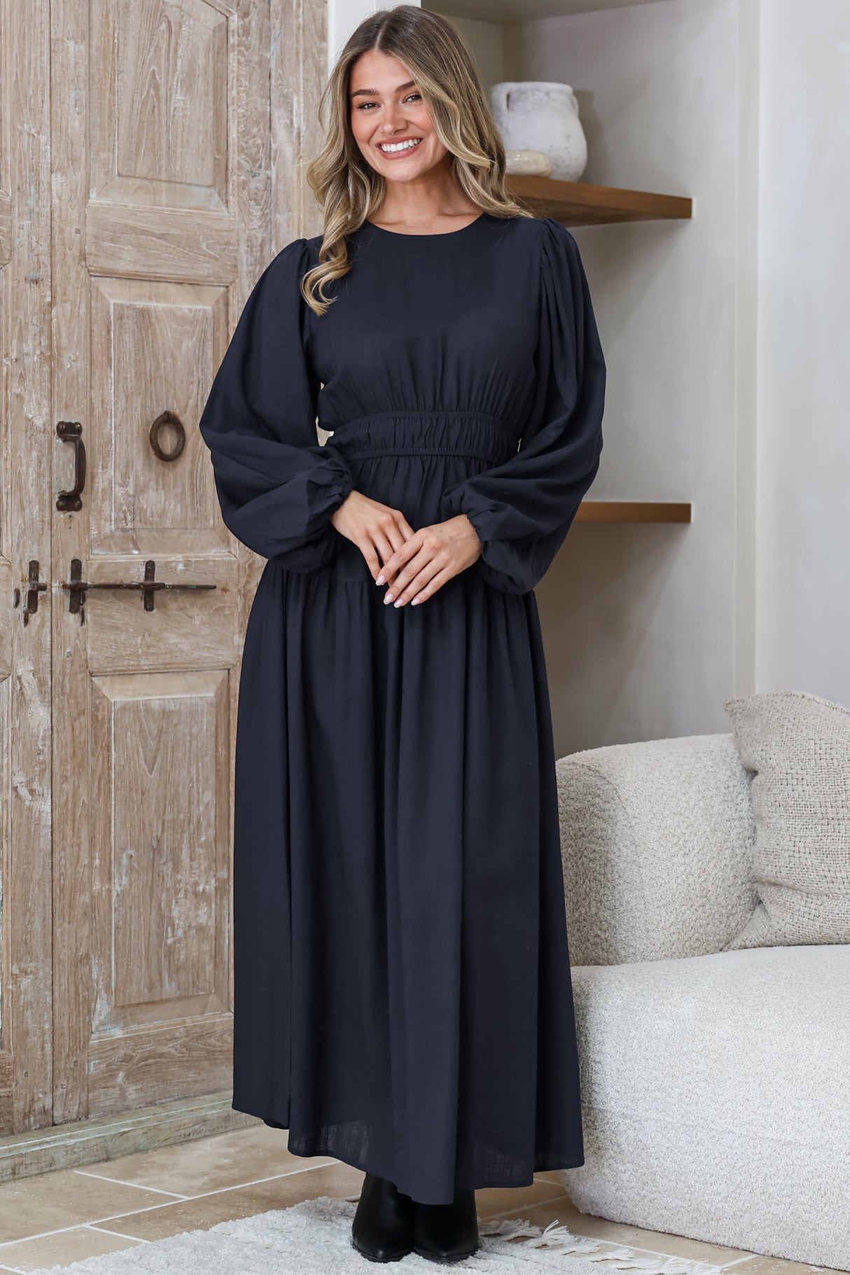 Sheyne Maxi Dress - Long Balloon Sleeve Elasicated Waist A Line Dress in Navy