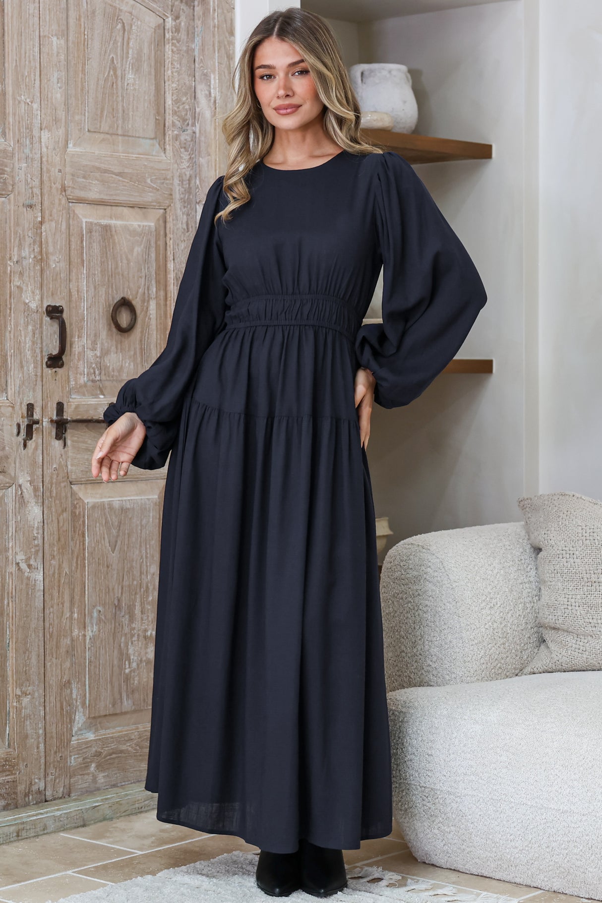 Sheyne Maxi Dress - Long Balloon Sleeve Elasicated Waist A Line Dress in Navy