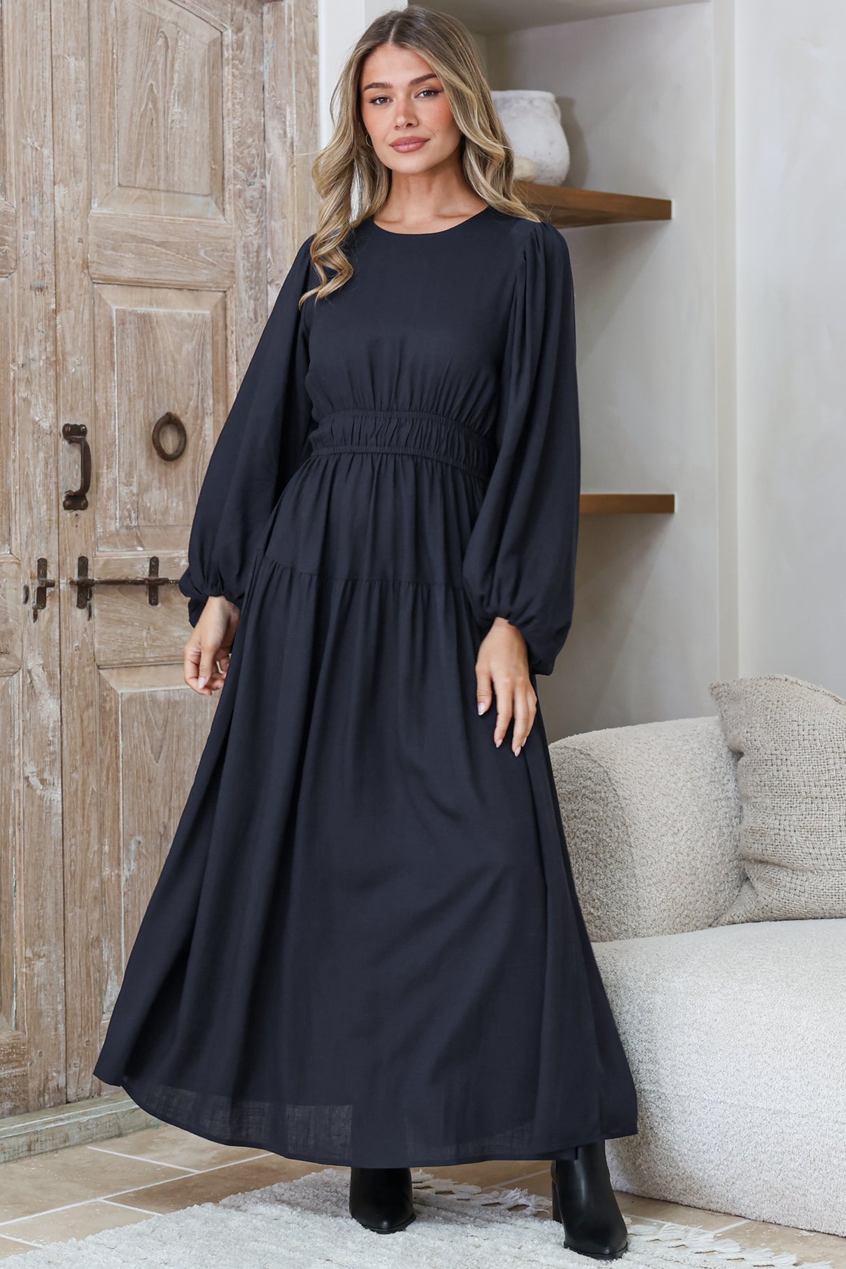 Sheyne Maxi Dress - Long Balloon Sleeve Elasicated Waist A Line Dress in Navy
