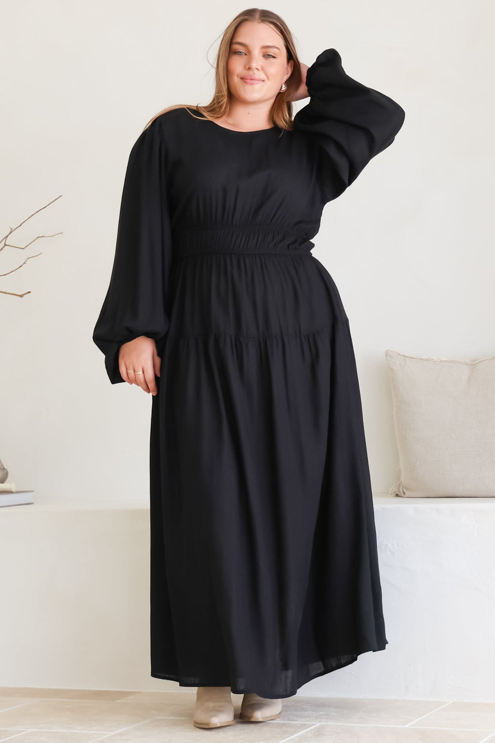 Sheyne Maxi Dress - Long Balloon Sleeve Elasicated Waist A Line Dress in Black