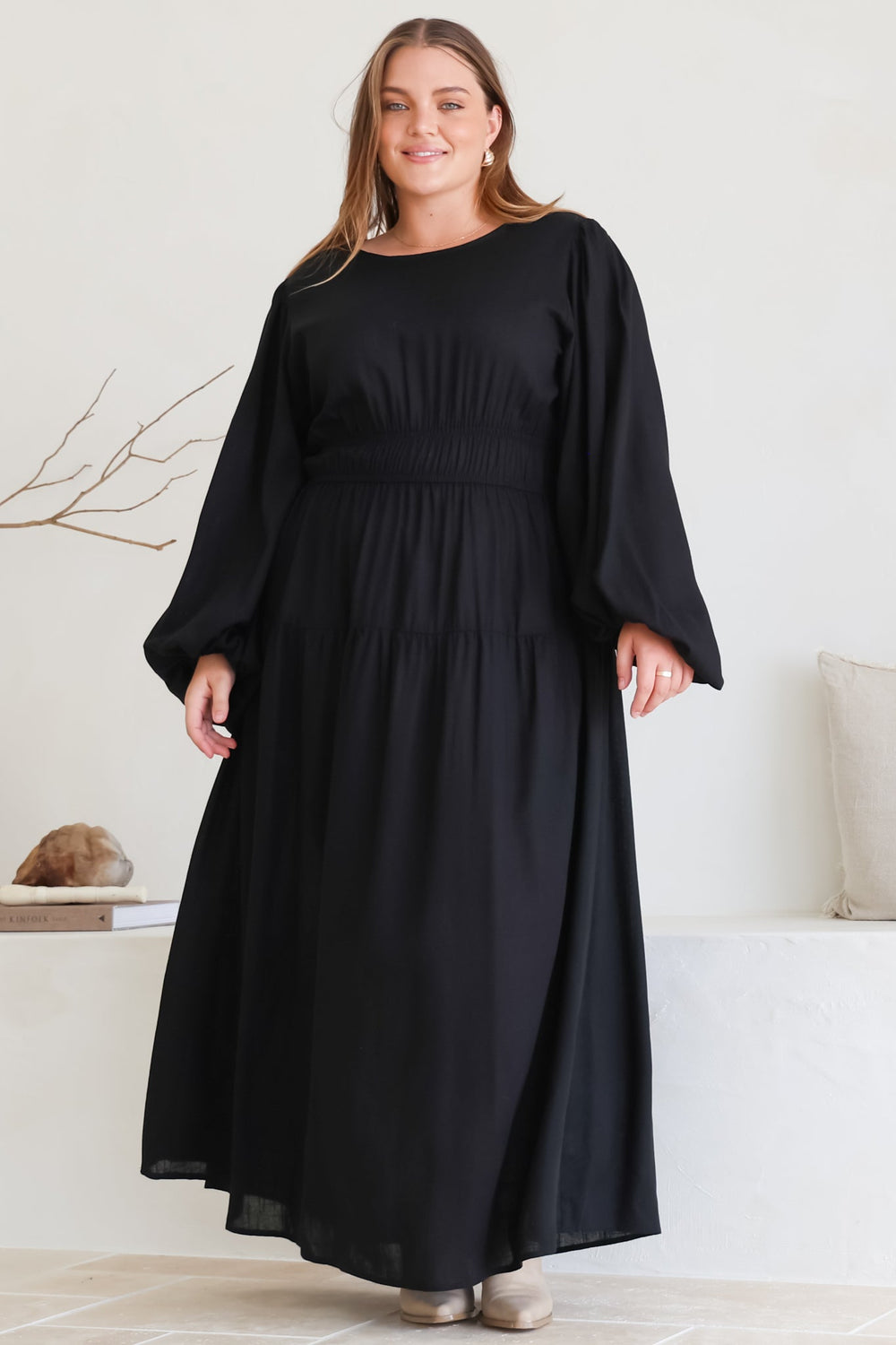 Sheyne Maxi Dress - Long Balloon Sleeve Elasicated Waist A Line Dress in Black