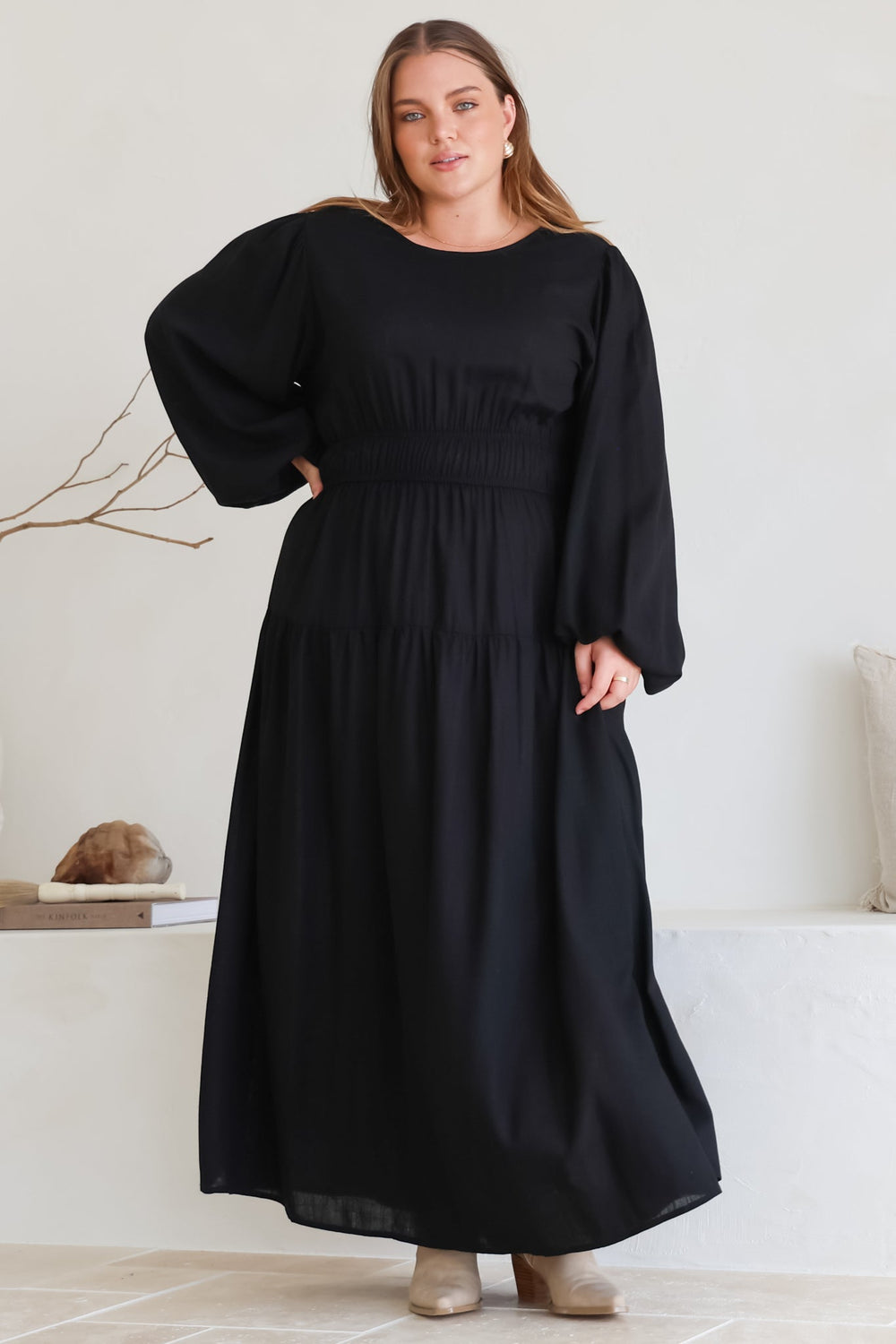 Sheyne Maxi Dress - Long Balloon Sleeve Elasicated Waist A Line Dress in Black