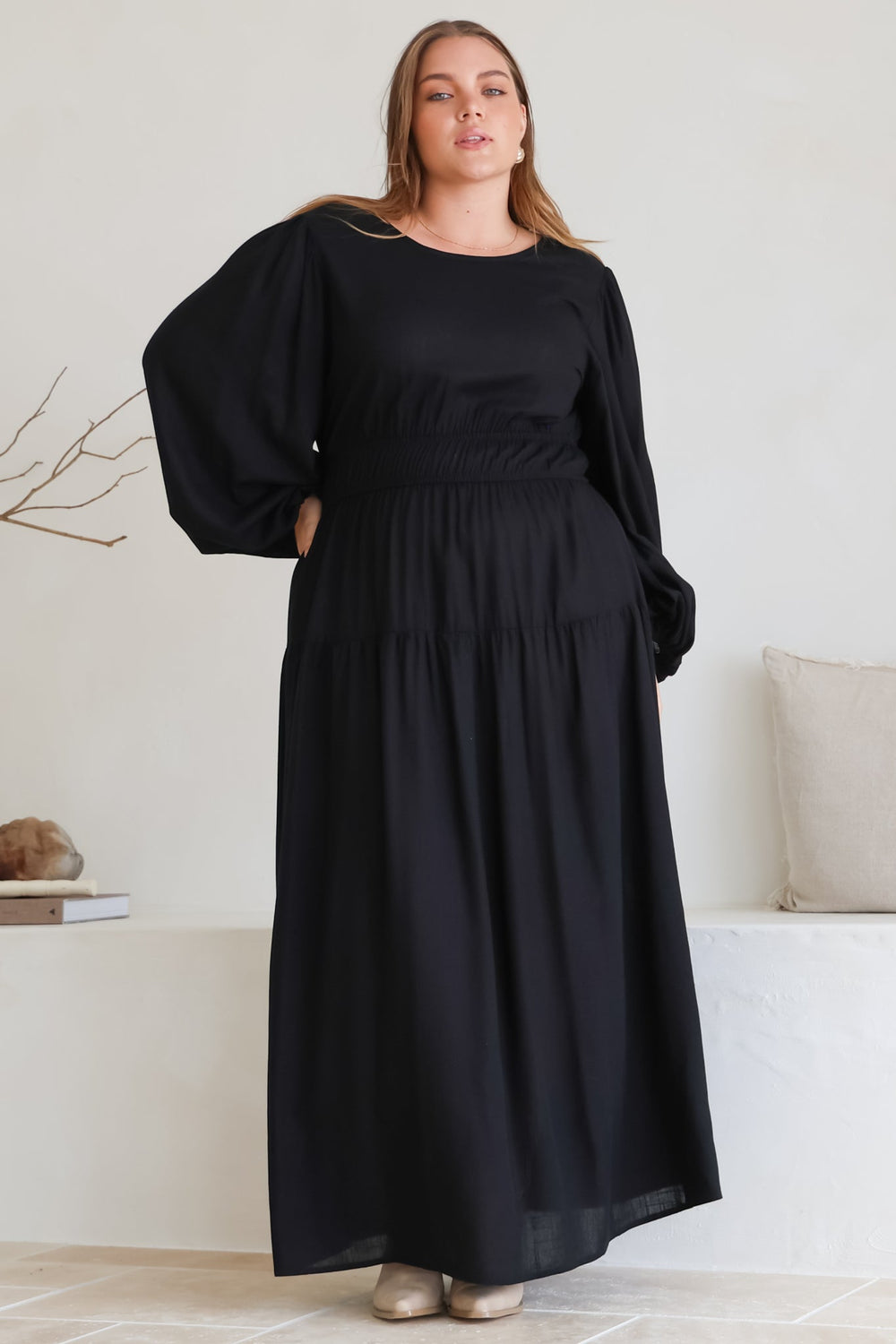 Sheyne Maxi Dress - Long Balloon Sleeve Elasicated Waist A Line Dress in Black