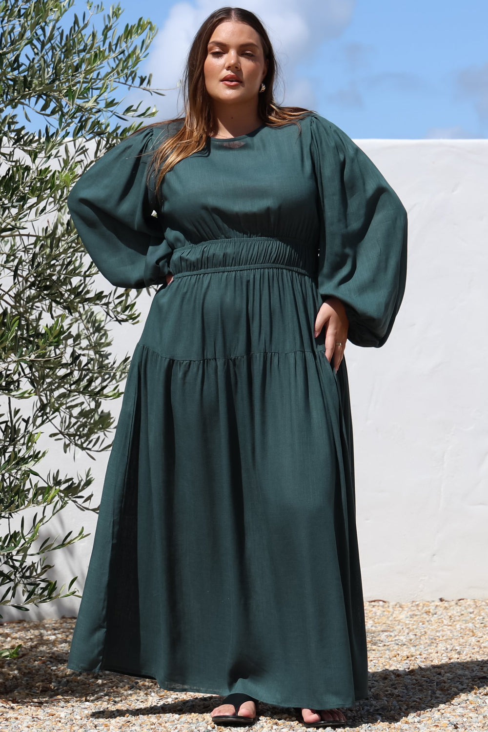 Sheyne Maxi Dress - Long Balloon Sleeve Elasicated Waist A Line Dress in Green