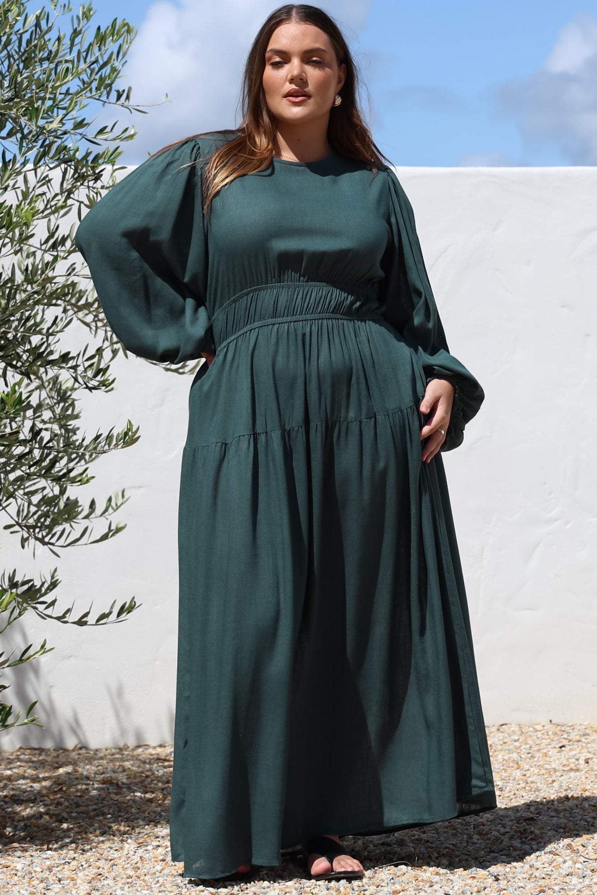 Sheyne Maxi Dress - Long Balloon Sleeve Elasicated Waist A Line Dress in Green