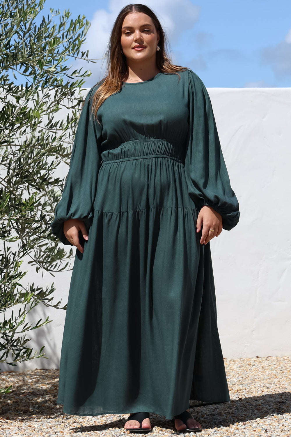 Sheyne Maxi Dress - Long Balloon Sleeve Elasicated Waist A Line Dress in Green
