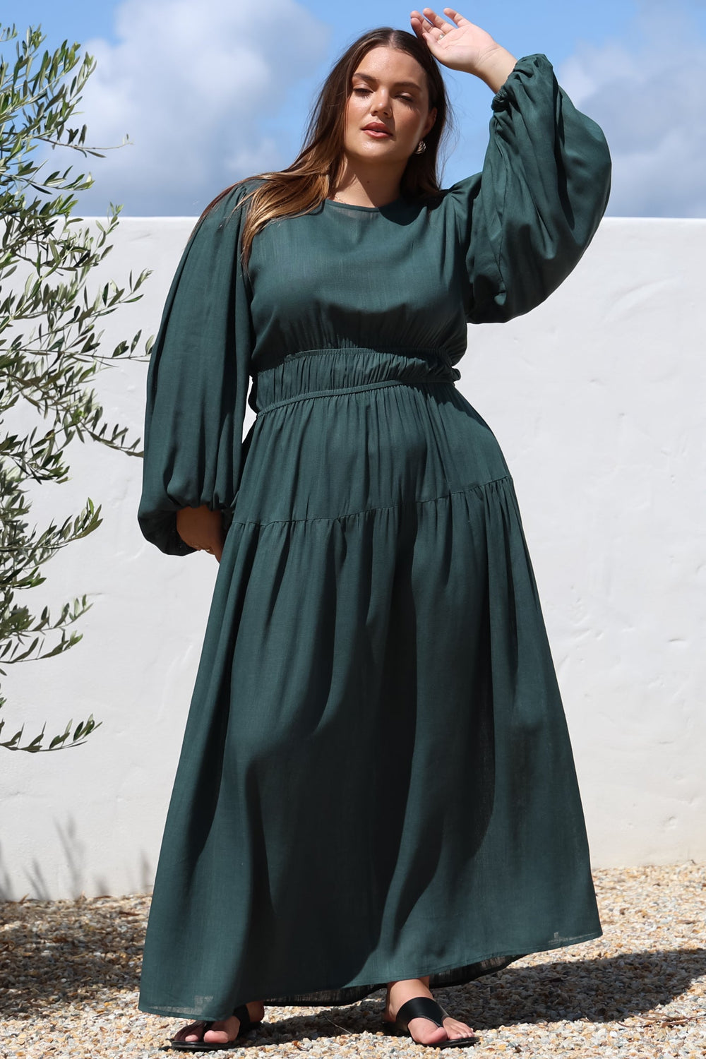 Sheyne Maxi Dress - Long Balloon Sleeve Elasicated Waist A Line Dress in Green