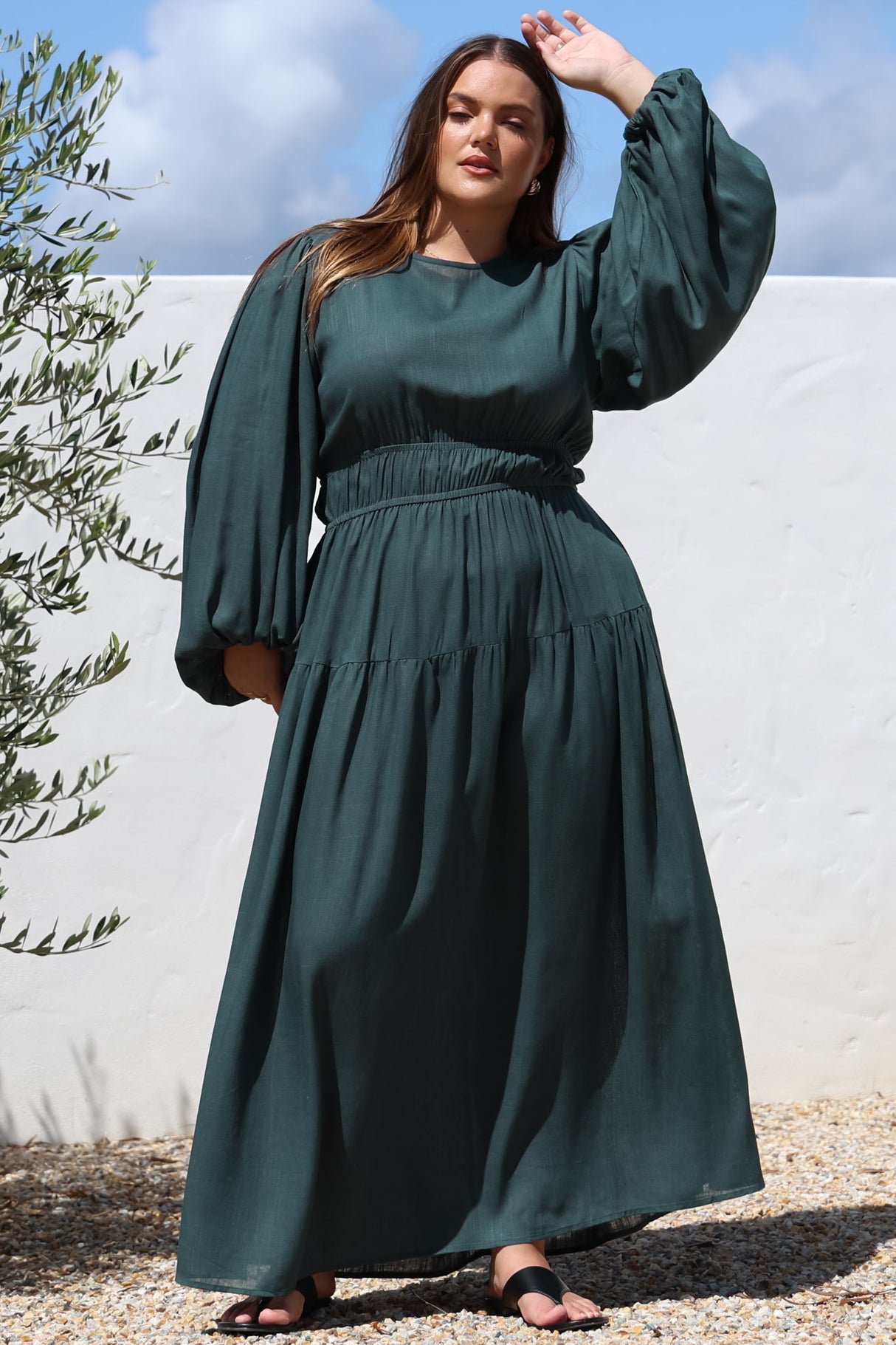 Sheyne Maxi Dress - Long Balloon Sleeve Elasicated Waist A Line Dress in Green