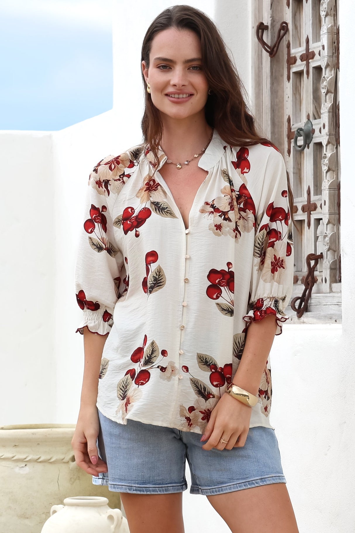 Shonnie Shirt - Mandarin Collar Button Down Short with Balloon Sleeves in Cherry Print