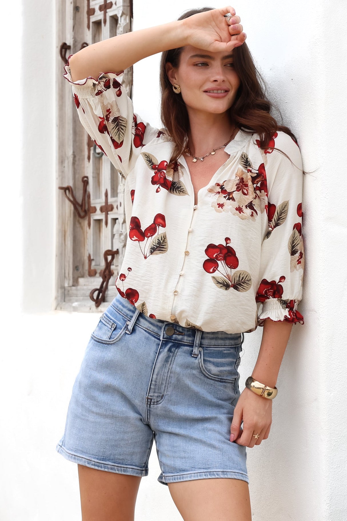 Shonnie Shirt - Mandarin Collar Button Down Short with Balloon Sleeves in Cherry Print