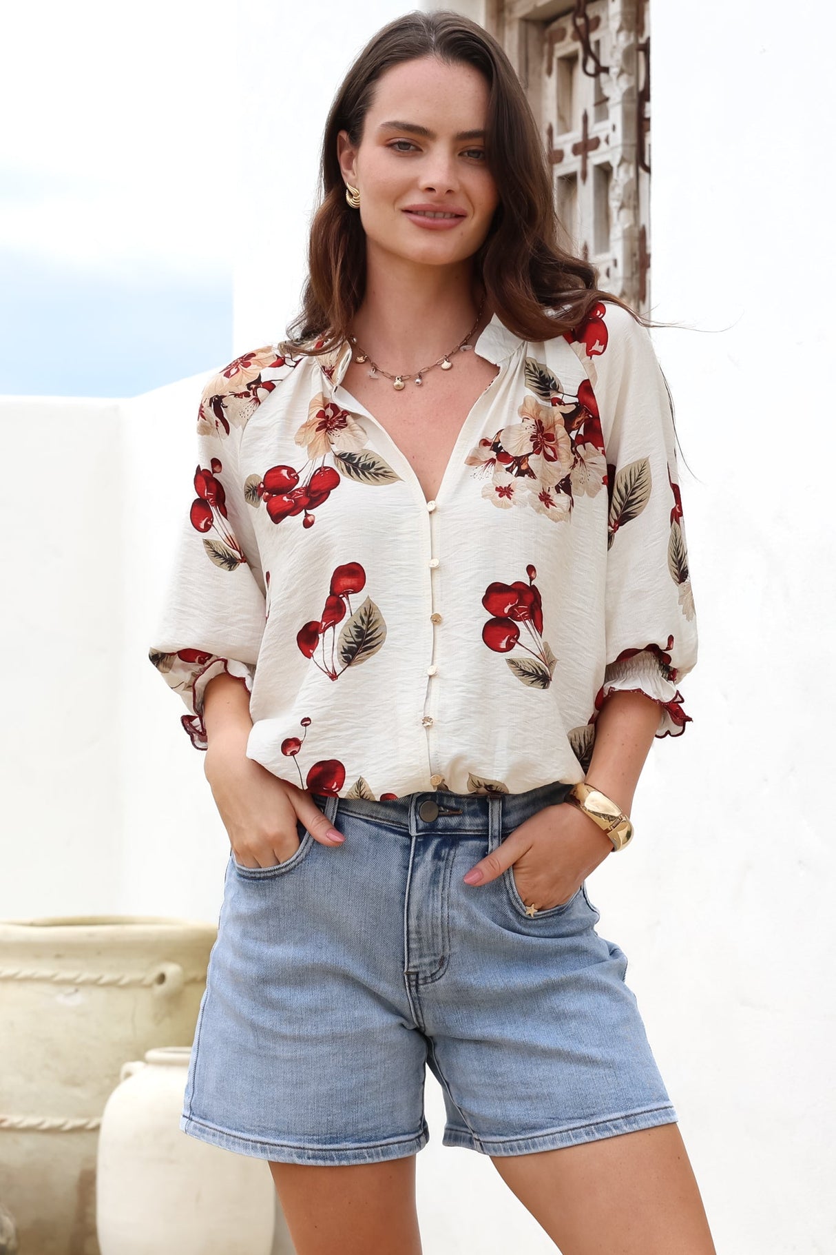 Shonnie Shirt - Mandarin Collar Button Down Short with Balloon Sleeves in Cherry Print