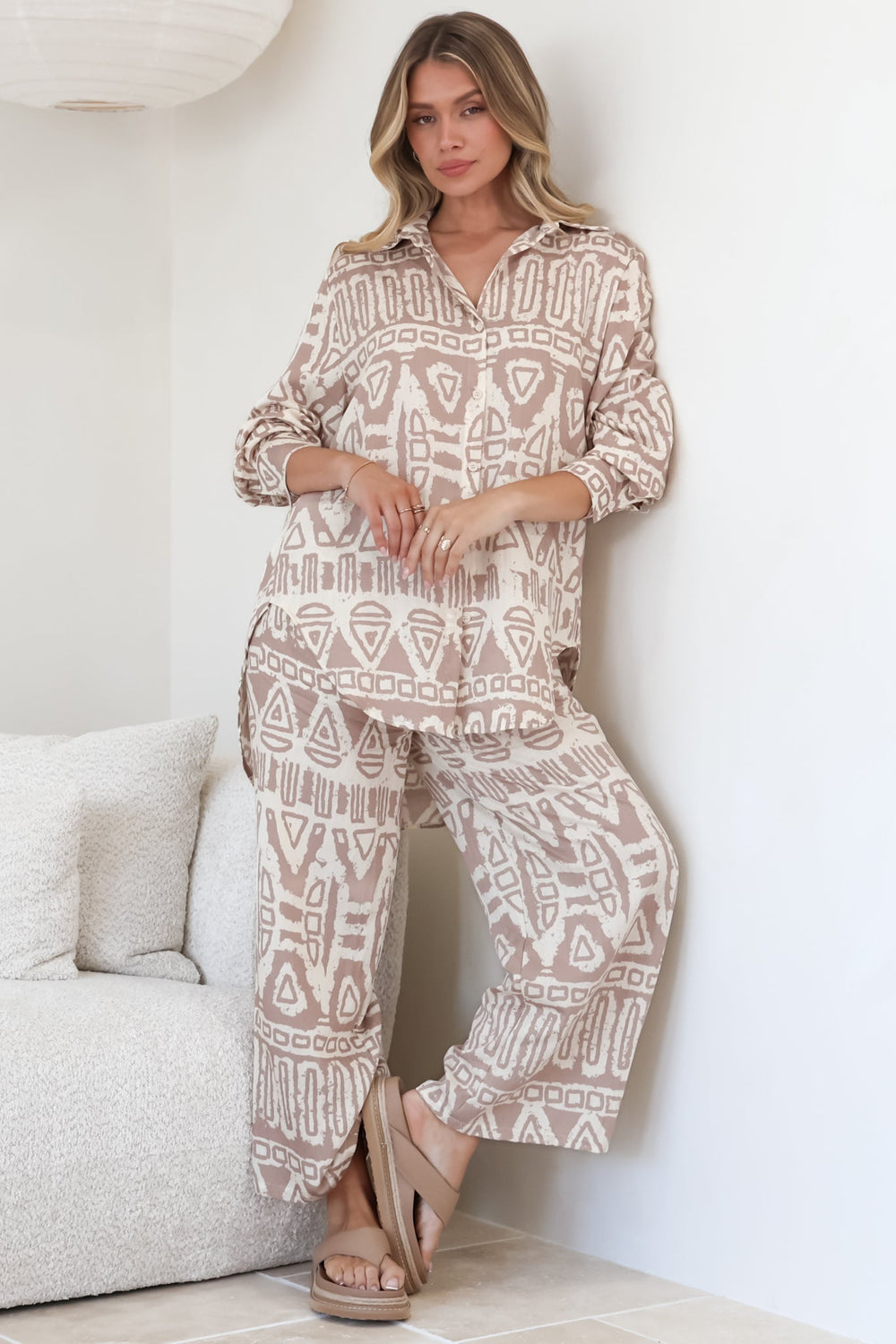 Sibelle Set - Collared Button Down Shirt and Pant Set in Sonnet Print Blush
