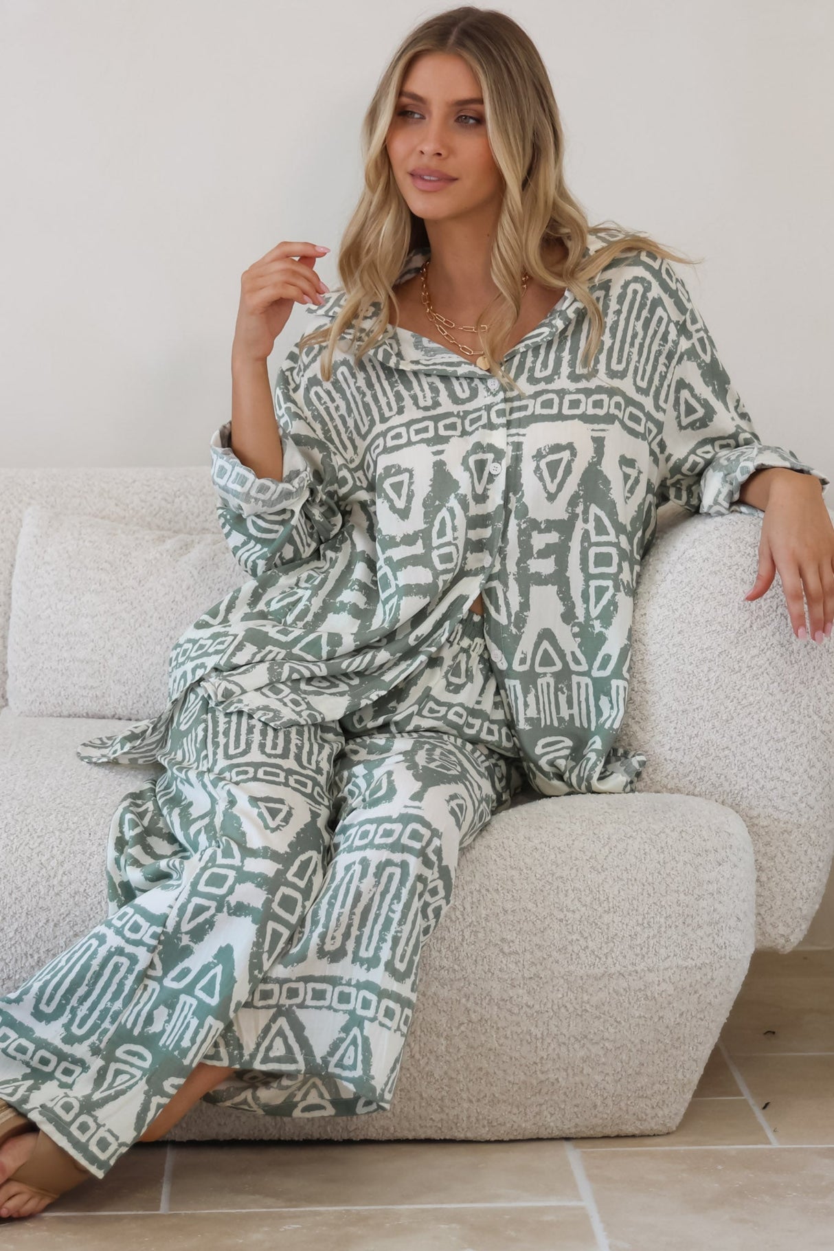 Sibelle Set - Collared Button Down Shirt and Pant Set in Sonnet Print Sage