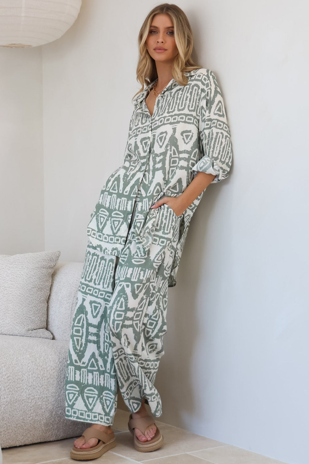 Sibelle Set - Collared Button Down Shirt and Pant Set in Sonnet Print Sage