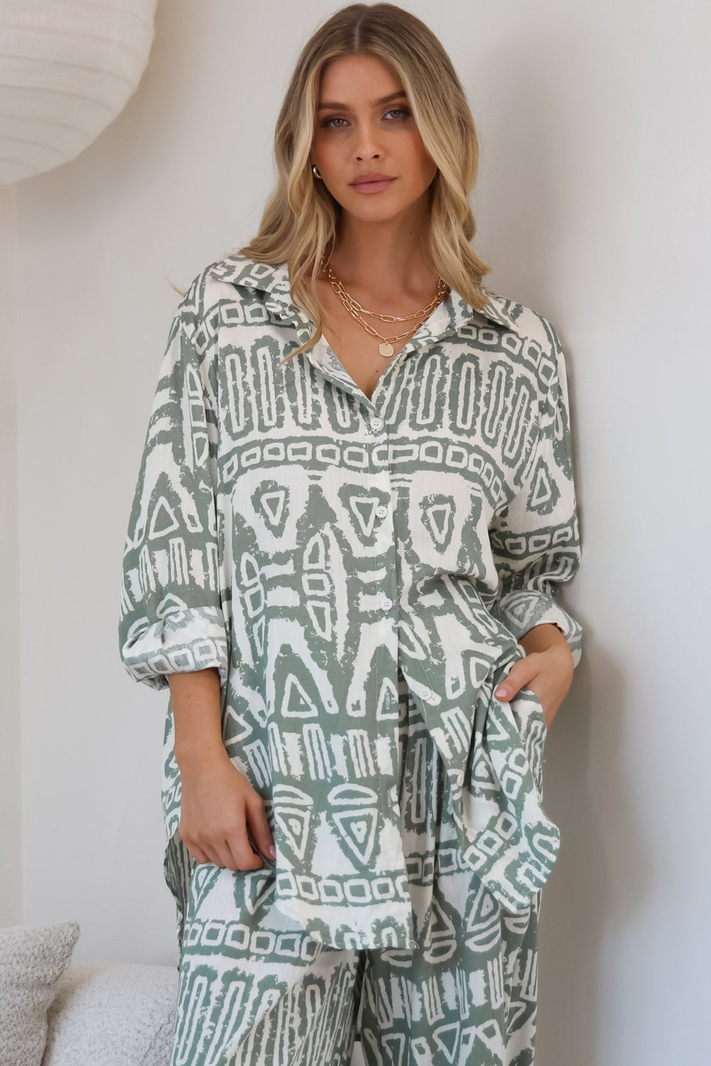 Sibelle Set - Collared Button Down Shirt and Pant Set in Sonnet Print Sage