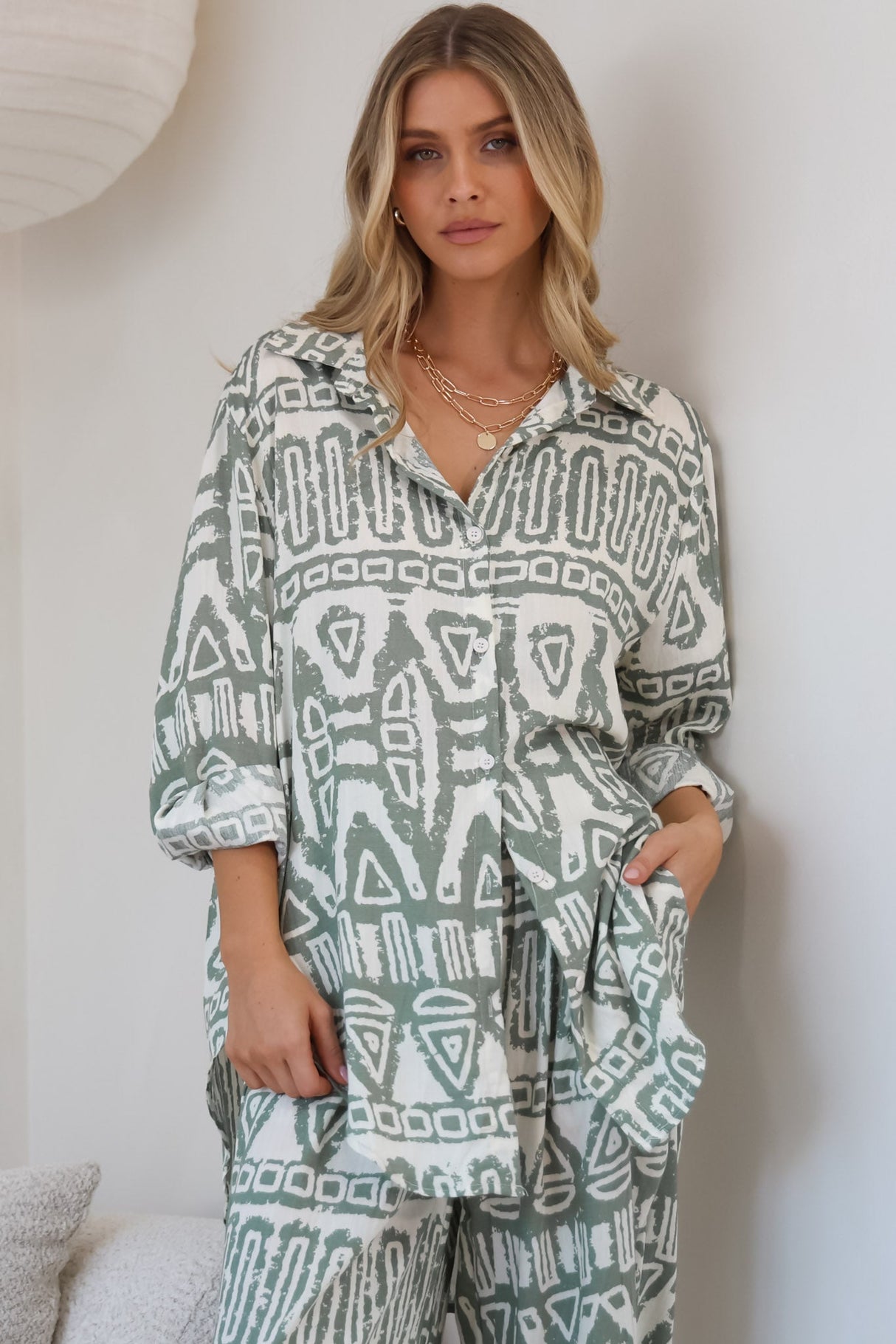 Sibelle Set - Collared Button Down Shirt and Pant Set in Sonnet Print Sage