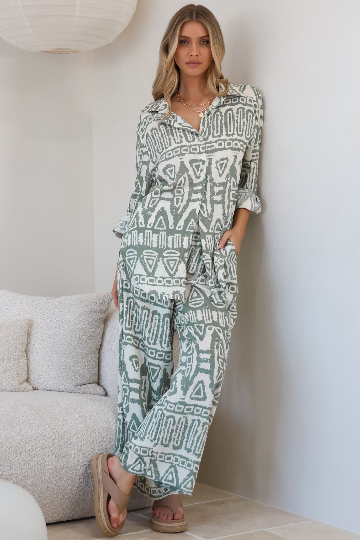 Sibelle Set - Collared Button Down Shirt and Pant Set in Sonnet Print Sage