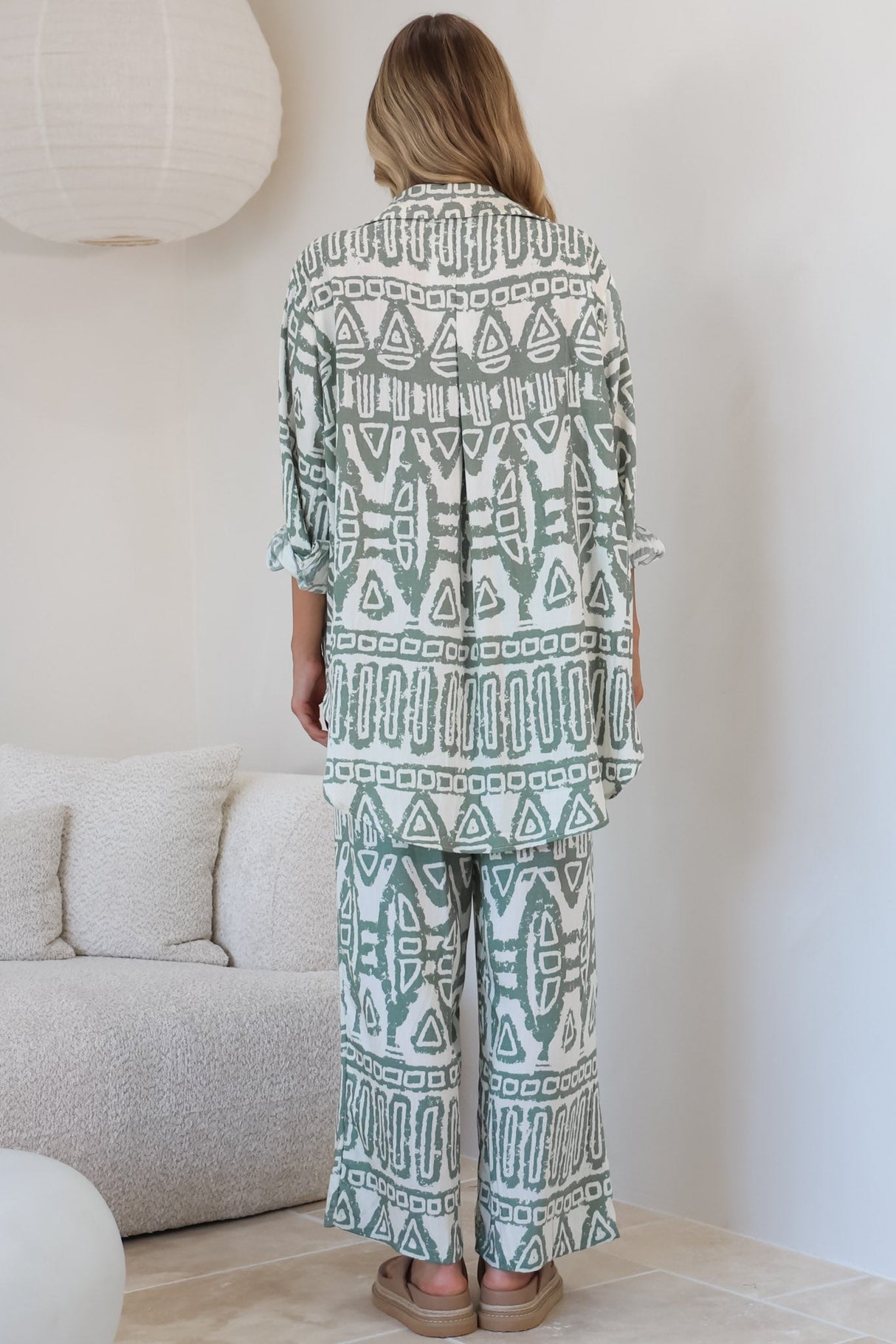 Sibelle Set - Collared Button Down Shirt and Pant Set in Sonnet Print Sage
